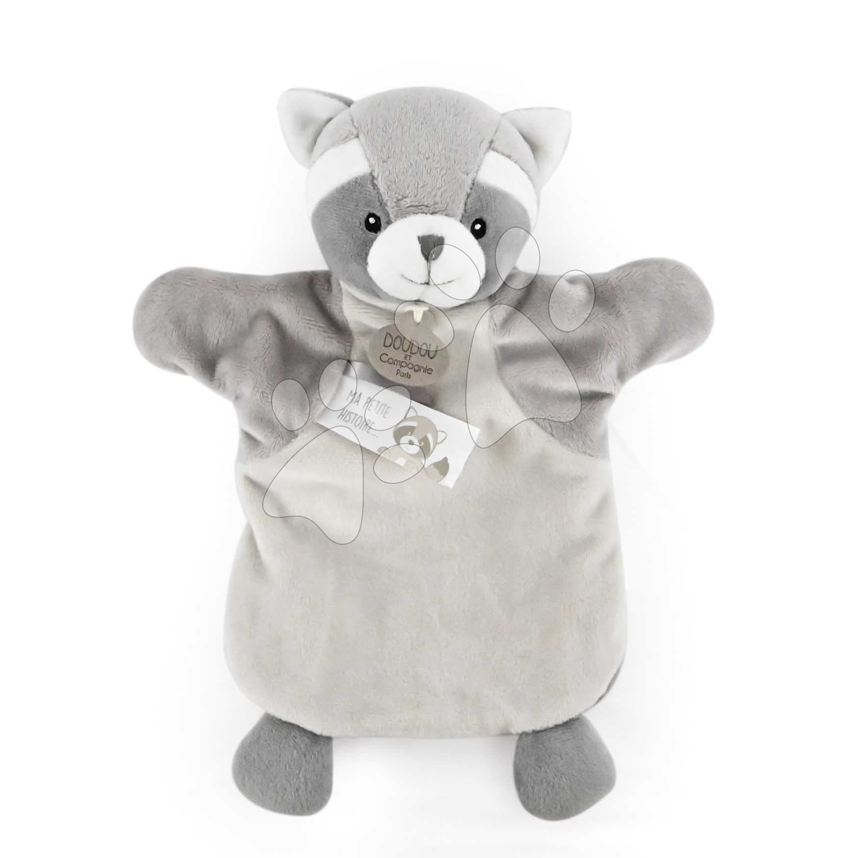 Plyšový medvedík čistotný na bábkové divadlo Raccoon Hand Puppet Doudou et Compagnie sivý 25 cm od 0 mes