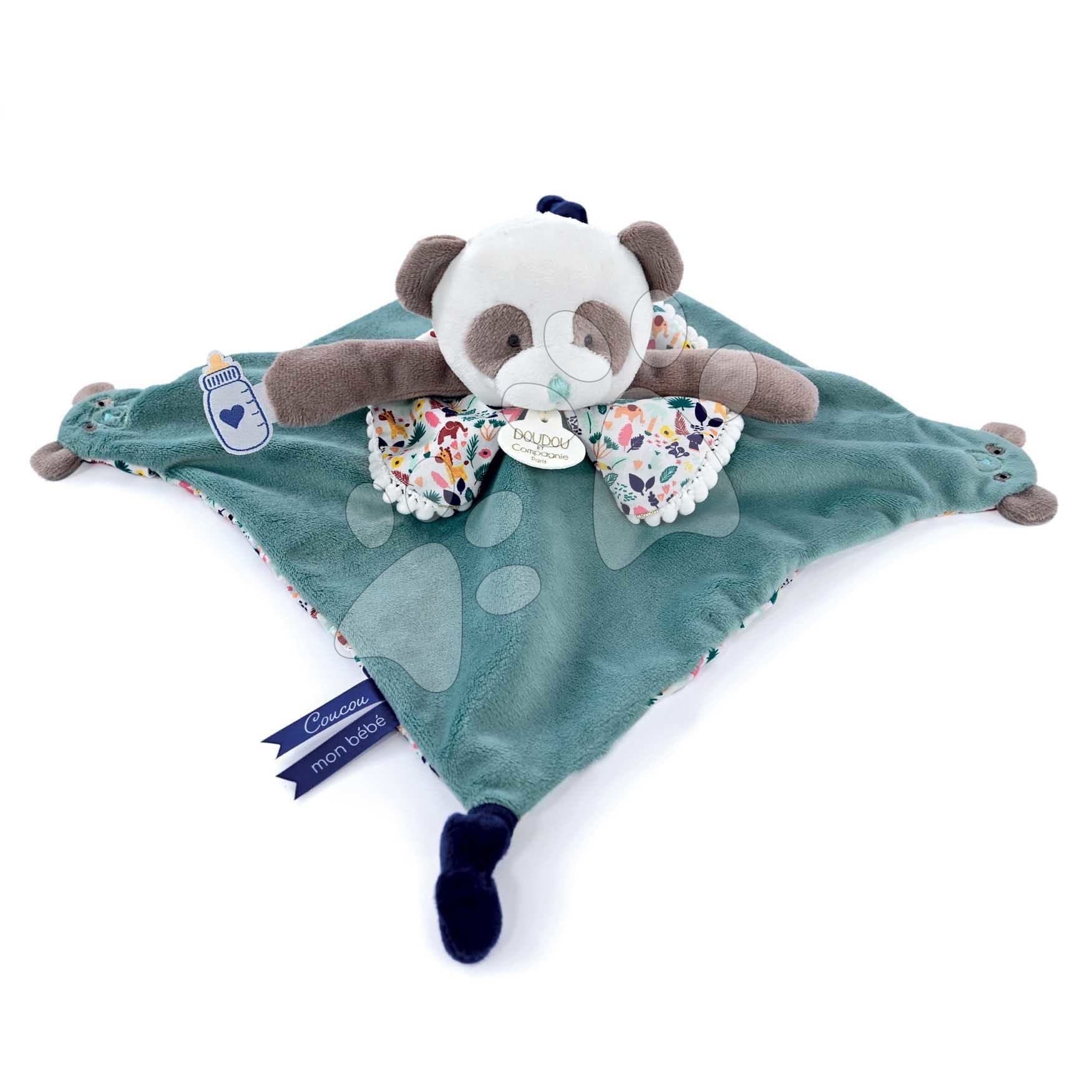 Plyšová panda na maznanie a bábkové divadlo Panda Finger Puppet Doudou et Compagnie modrá 30 cm od 0 mes