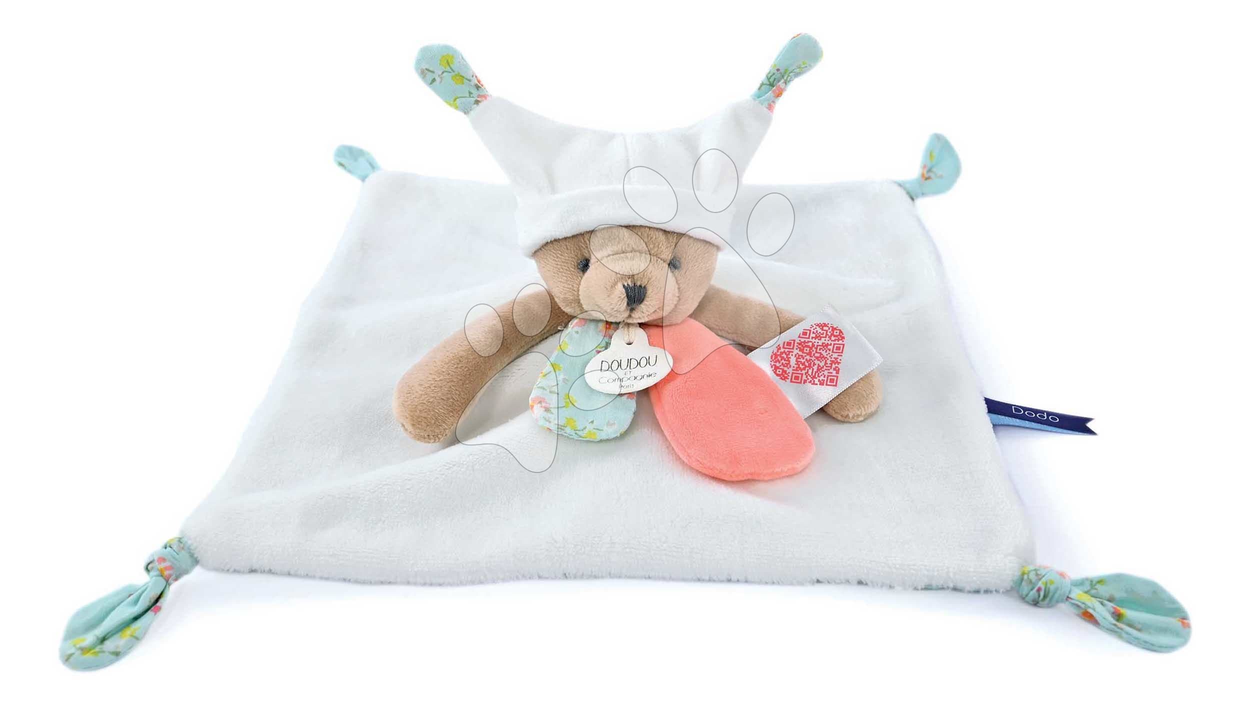 Plyšový medvedík na maznanie White Bear Flat Comforter Doudou et Compagnie s QR kódom na rozprávky biely 25 cm od 0 mes 1