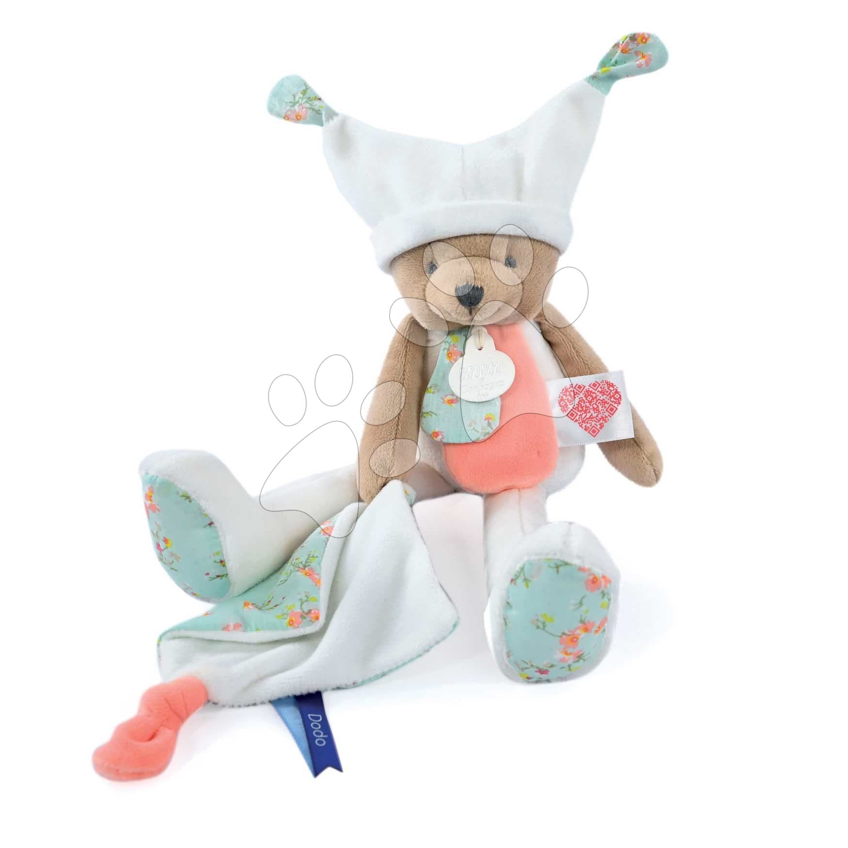 Plyšový medvedík s handričkou Plush Bear White Doudou et Compagnie s QR kódom na rozprávky biely 35 cm od 0 mes