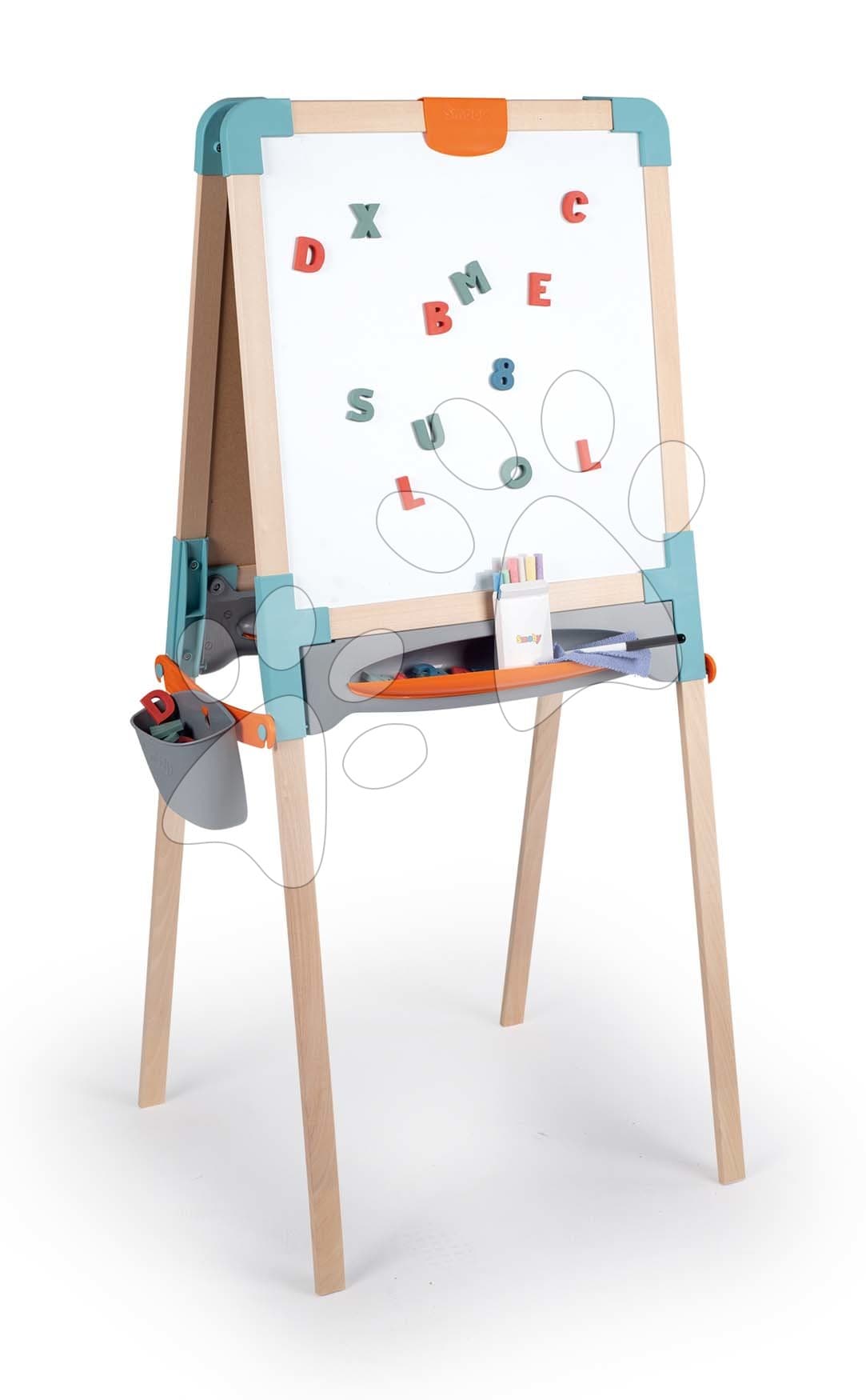 Drevená tabuľa obojstranná Wooden Board Smoby magnetická/na kriedu výškovo nastaviteľná skladacia s 80 doplnkami 1