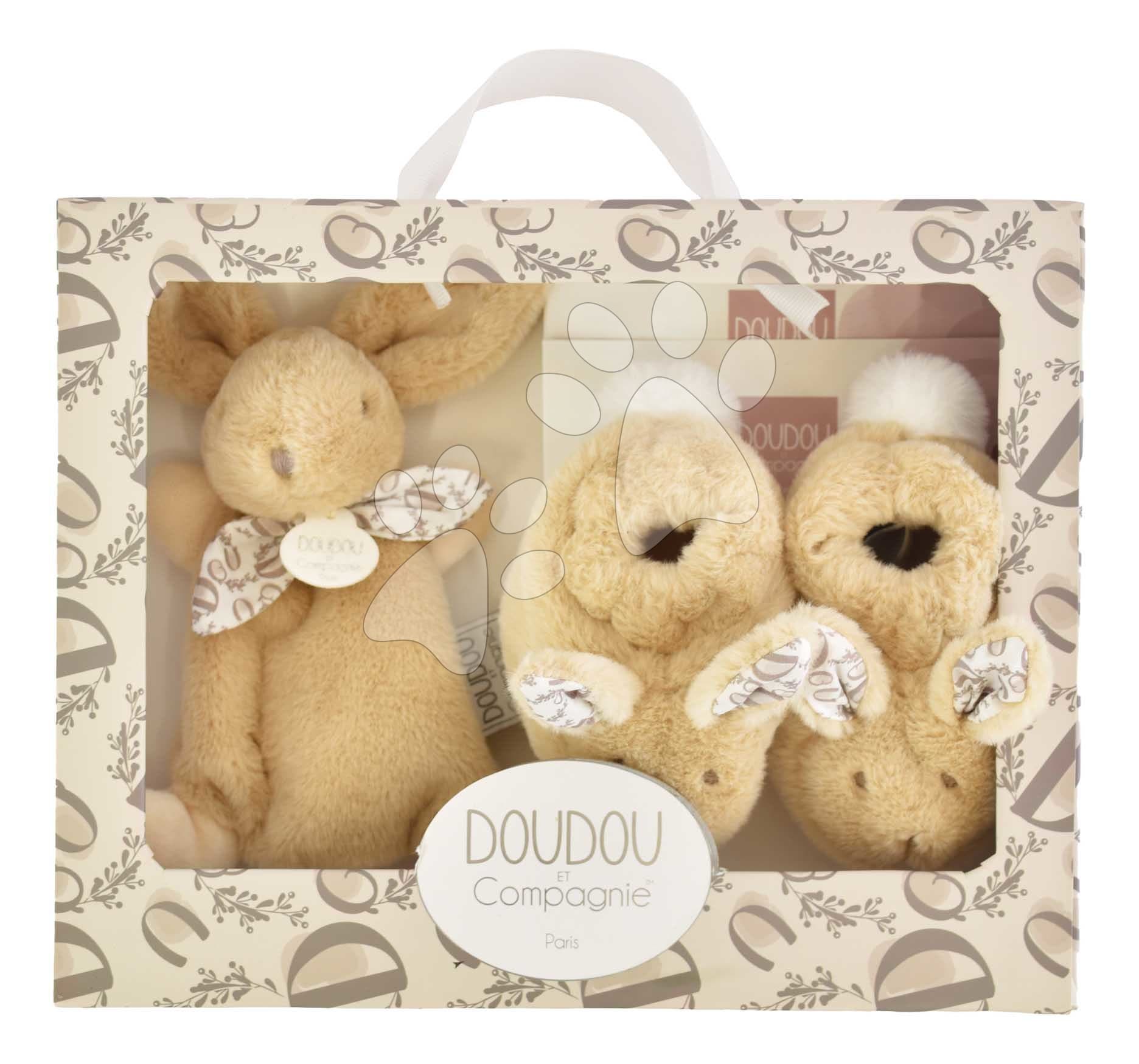 Darčeková sada pre bábätko Slipper Gift Set Beige Lapin Doudou et Compagnie papučky a zajačik na maznanie béžová 15 cm v darčekovom balení od 0 mes 1