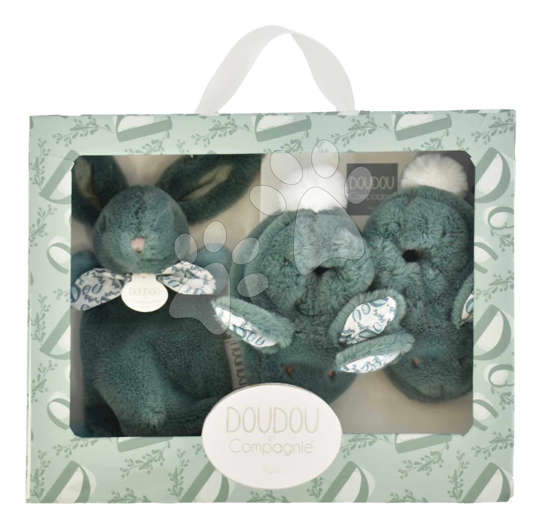Darčeková sada pre bábätko Slipper Gift Set Sage Green Lapin Doudou et Compagnie papučky a zajačik na maznanie zelená 15 cm v darčekovom balení od 0 mes