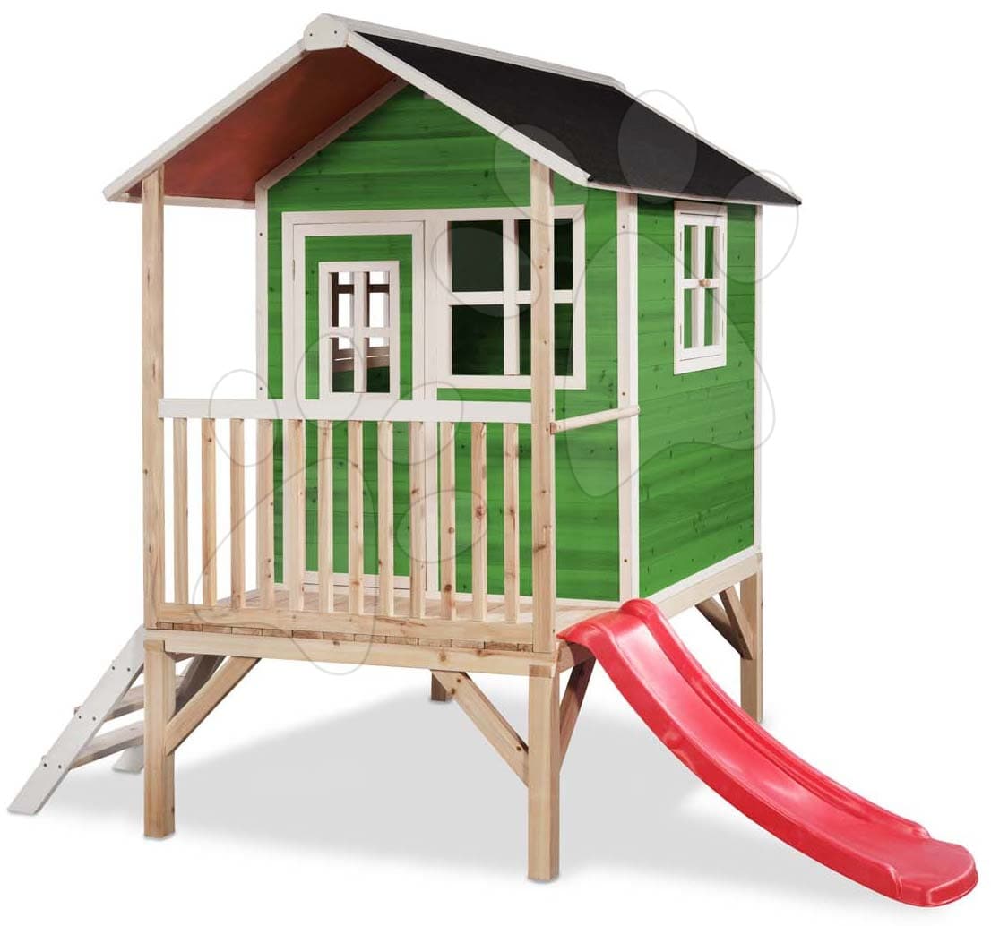 Domček cédrový na pilieroch Loft 300 Green Exit Toys s vodeodolnou strechou a šmykľavkou zelený 1