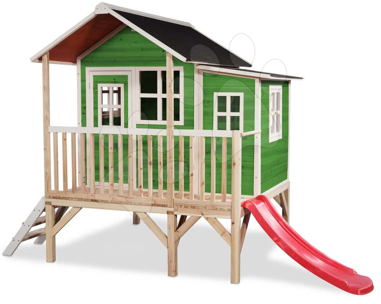 Domček cédrový na pilieroch Loft 350 Green Exit Toys veľký s vodeodolnou strechou a šmykľavkou zelený
