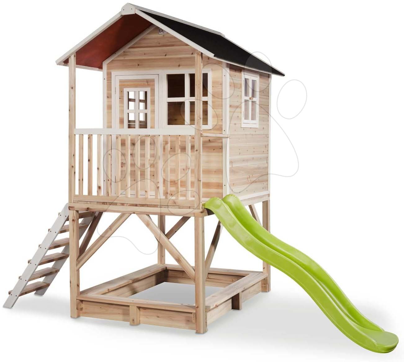 Domček cédrový na pilieroch Loft 500 Natural Exit Toys s vodeodolnou strechou pieskoviskom a 1,75 m šmykľavkou prírodný 1