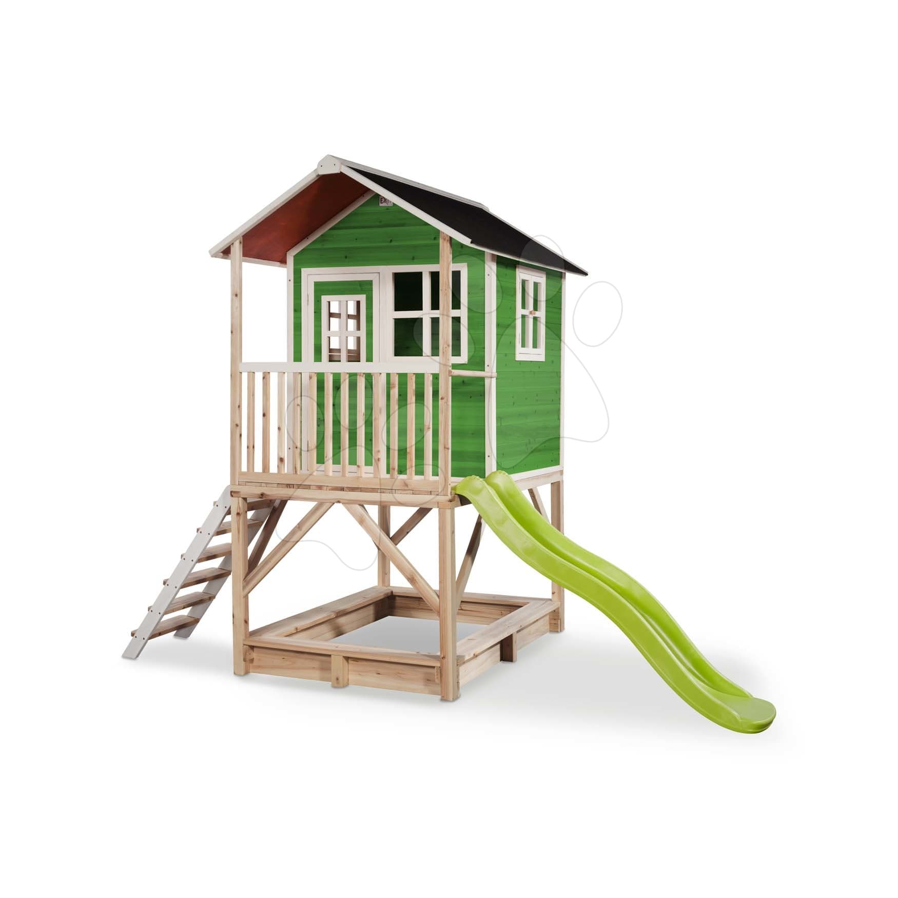 Domček cédrový na pilieroch Loft 500 Green Exit Toys s vodeodolnou strechou pieskoviskom a 1,75 m šmykľavkou zelený