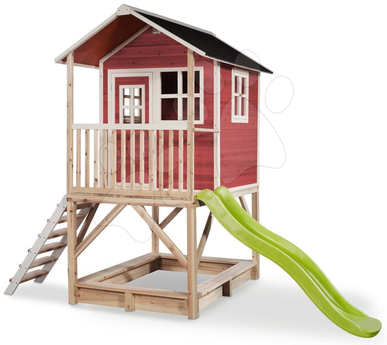 Domček cédrový na pilieroch Loft 500 Red Exit Toys s vodeodolnou strechou pieskoviskom a 1,75 m šmykľavkou 1