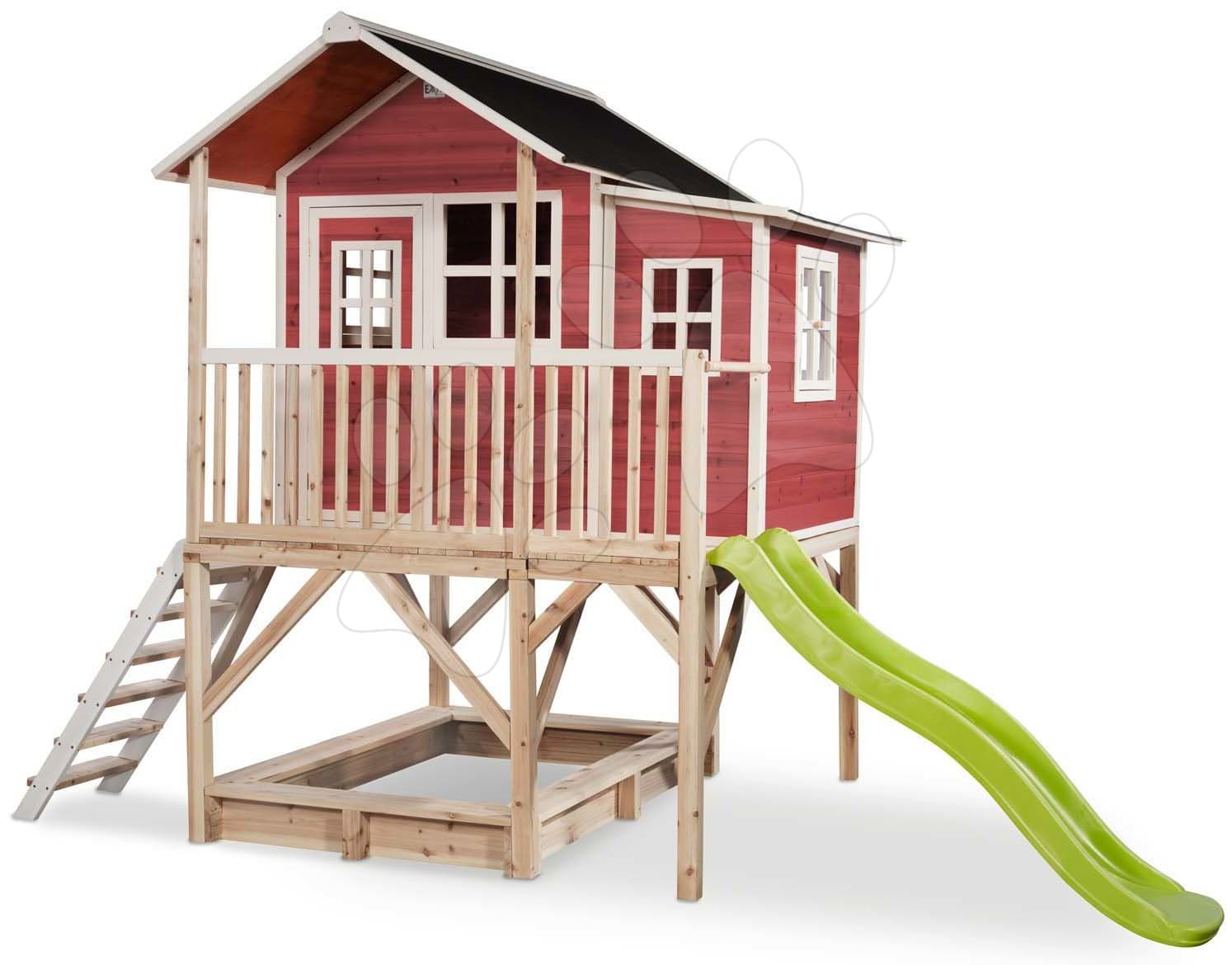 Domček cédrový na pilieroch Loft 550 Red Exit Toys veľký s vodeodolnou strechou pieskoviskom a 1,75 m šmykľavkou červený 1