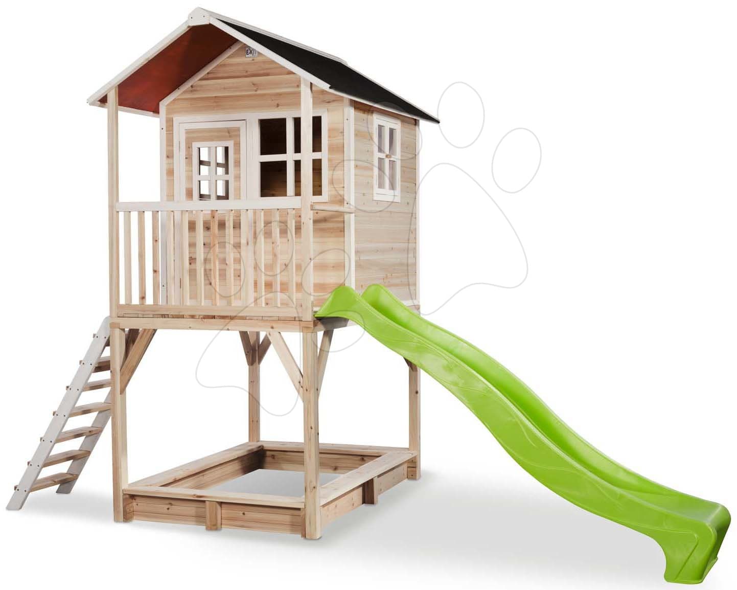 Domček cédrový na pilieroch Loft 700 Natural Exit Toys s vodeodolnou strechou pieskoviskom a 2,28 m šmykľavkou prírodný 1