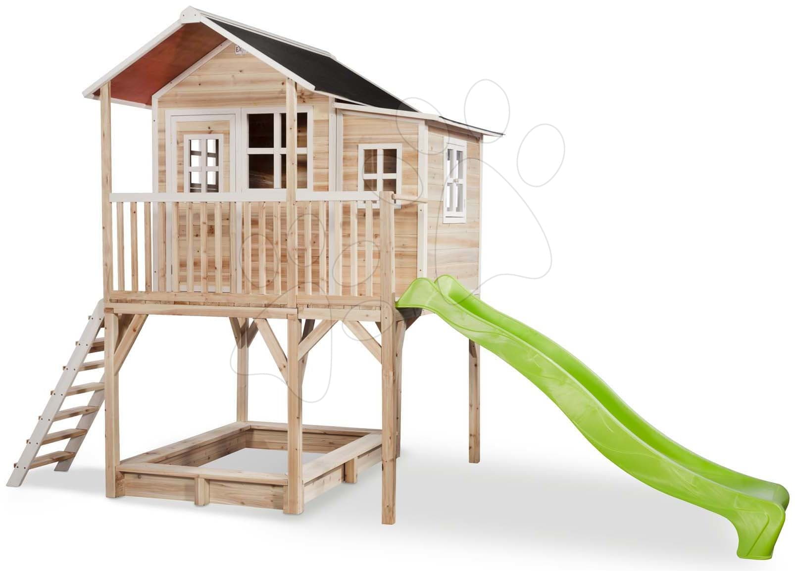 Domček cédrový na pilieroch Loft 750 Natural Exit Toys veľký s vodeodolnou strechou pieskoviskom a 2,28 m šmykľavkou prírodný 1