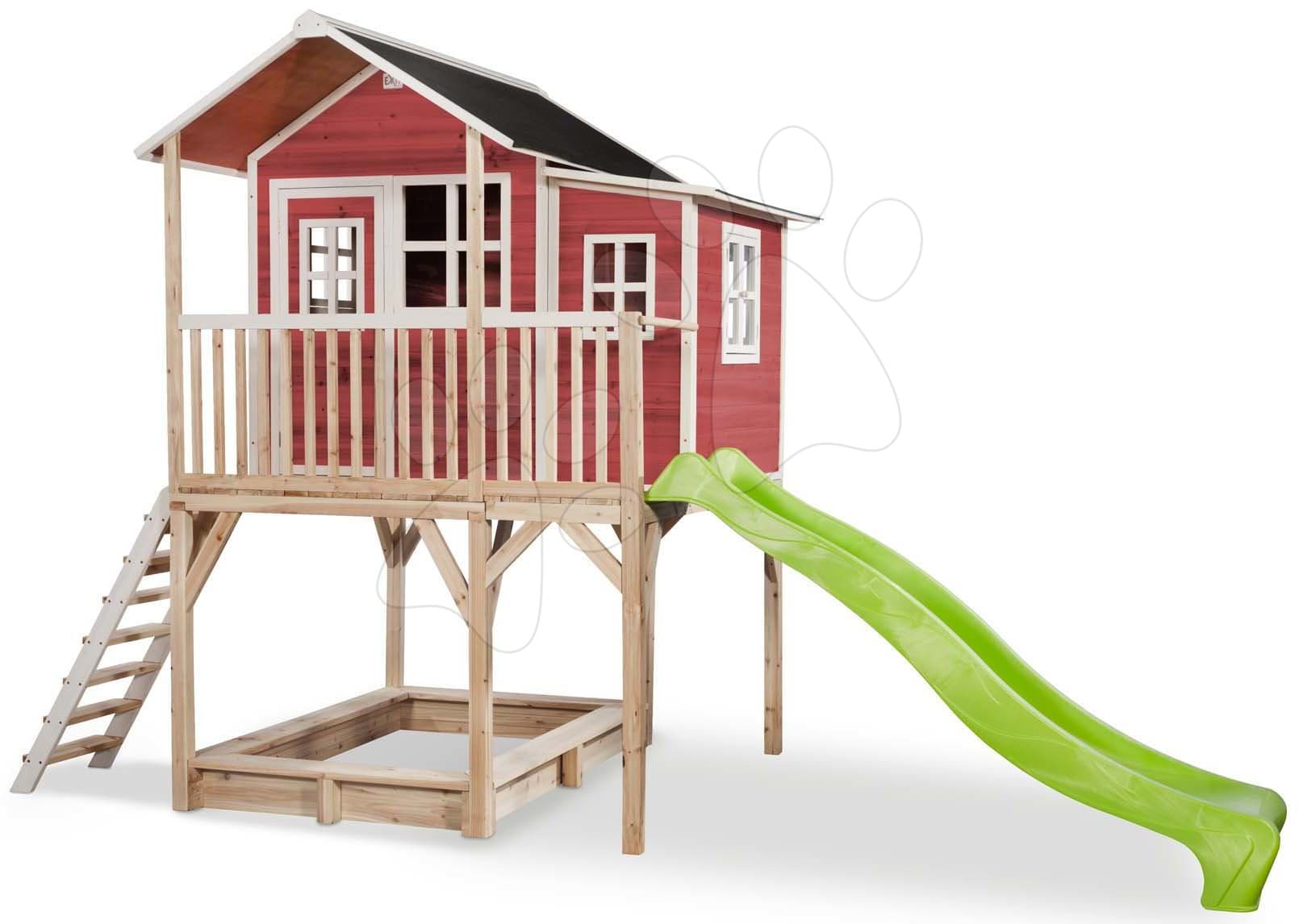 Domček cédrový na pilieroch Loft 750 Red Exit Toys veľký s vodeodolnou strechou pieskoviskom a 2,28 m šmykľavkou červený