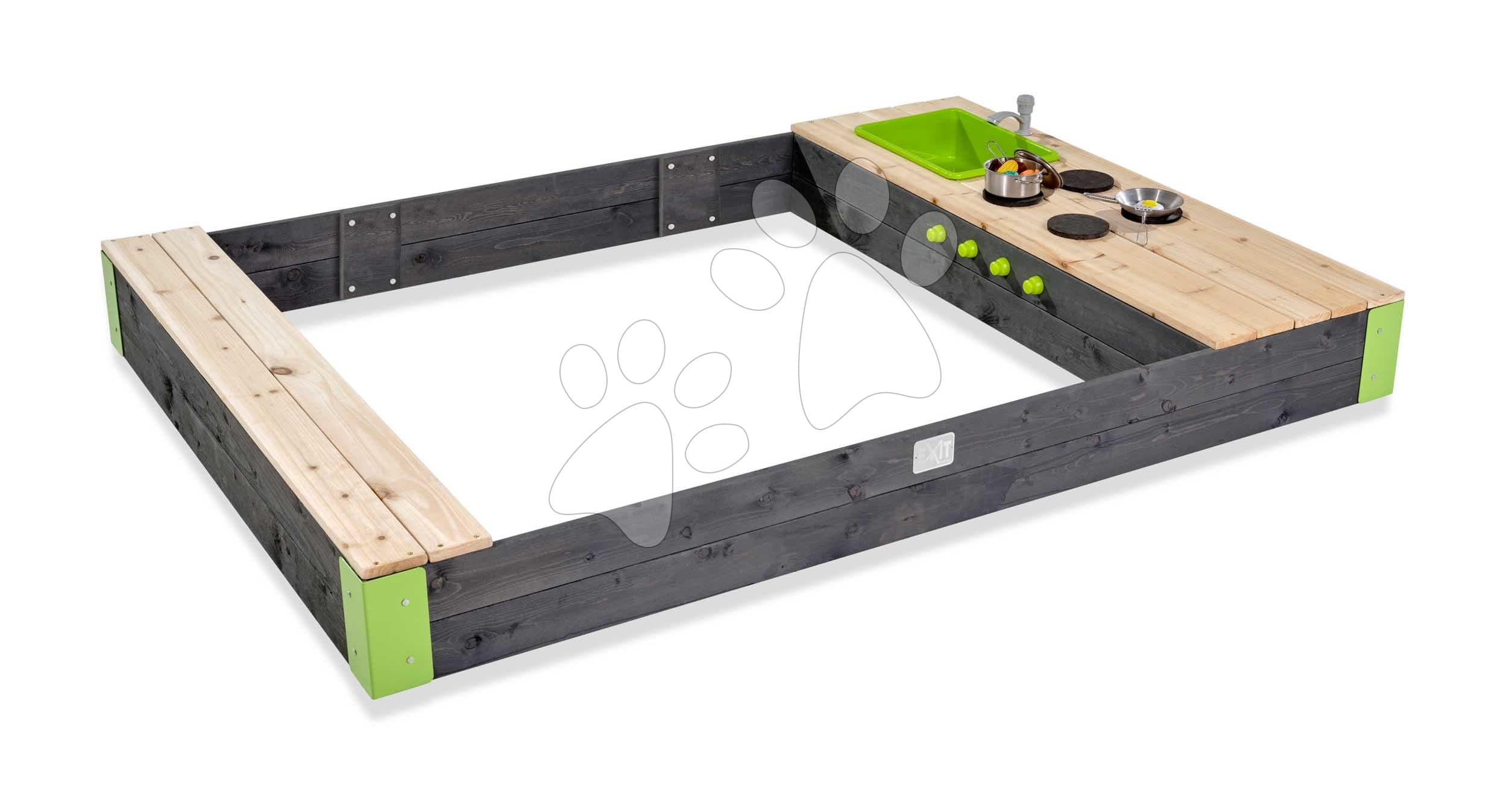 Pieskovisko s kuchynkou s tečúcou vodou Aksent Wooden Sandpit Exit Toys objem 440 kg s kuchynskými doplnkami 200*140 cm od 3 rokov 1