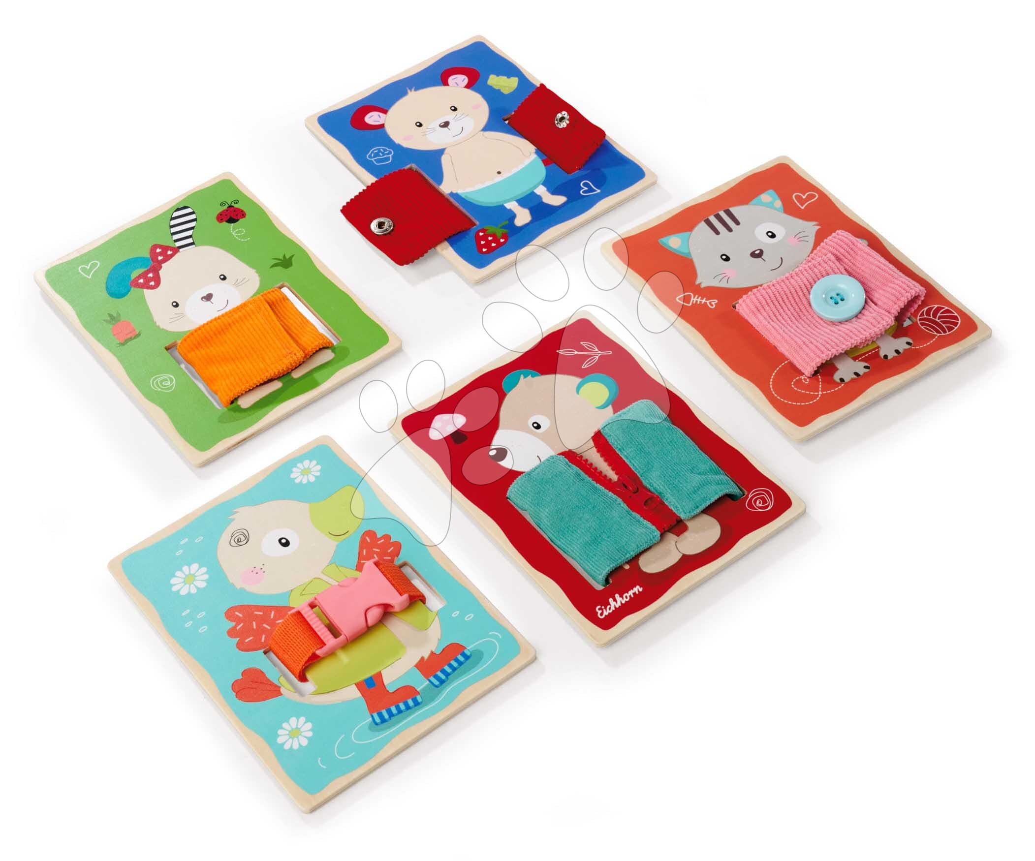 Drevená hra Obleč zvieratká Dressboard Fabric Eichhorn 5 zvieratiek s rôznymi typmi zapínania pre rozvoj jemnej motoriky