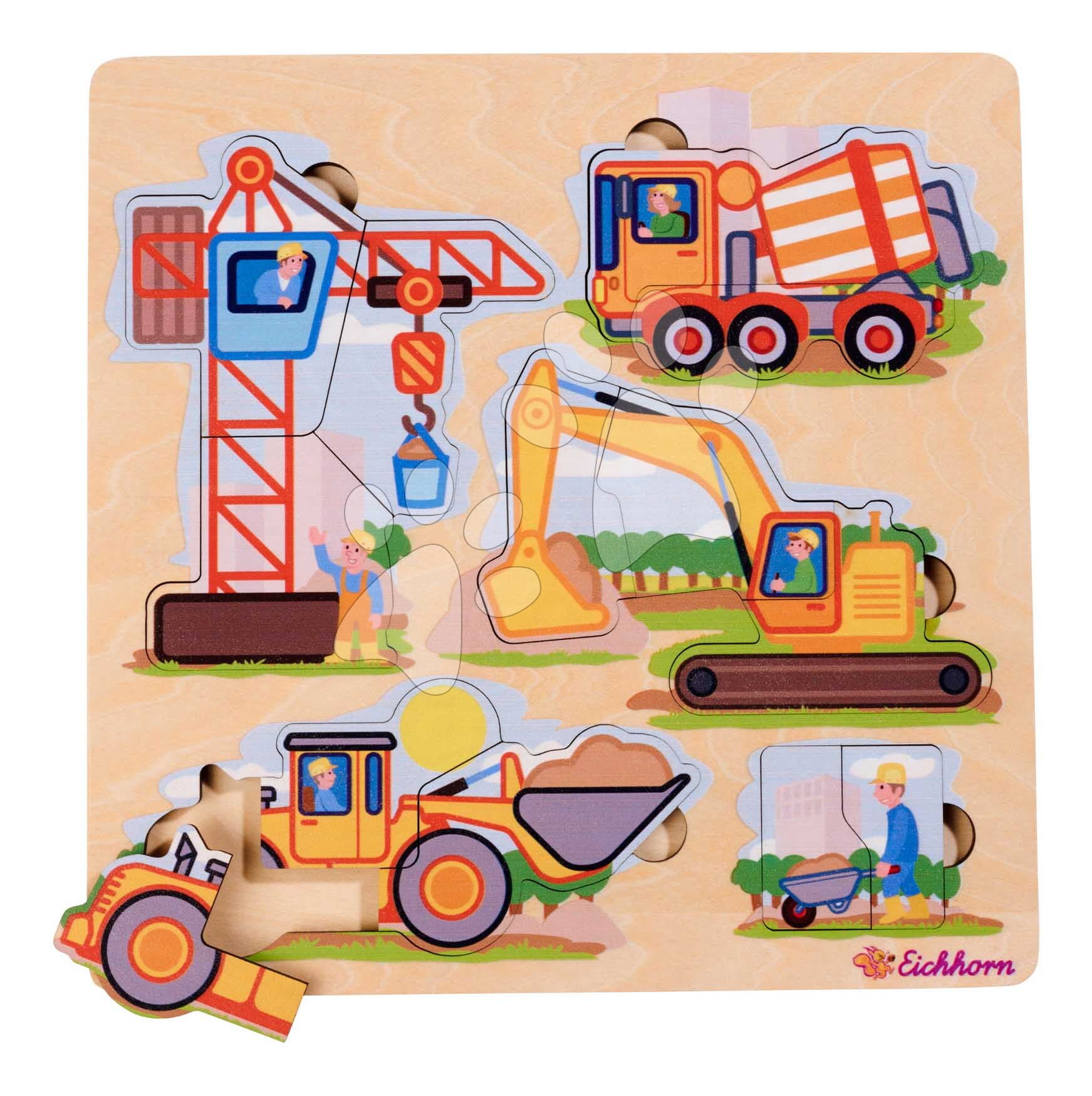 Drevené vkladacie puzzle Stavebné stroje Construction Vehicles Eichhorn 12 dielikov so základňou od 24 mes