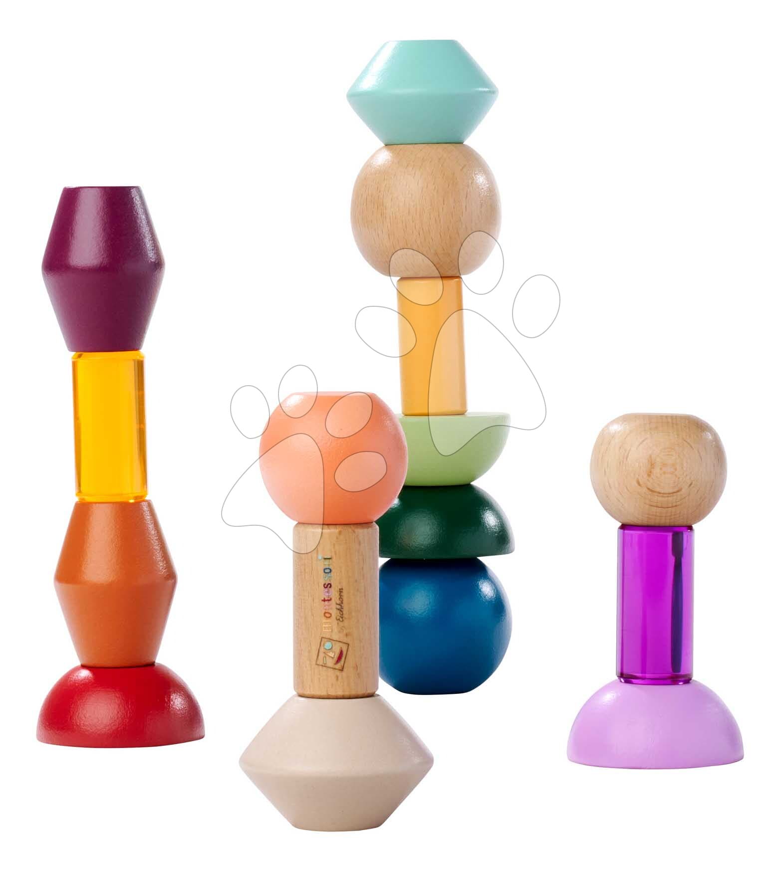 Drevené stohovateľné kocky Montessori Staple Beads Eichhorn 16 farebných dielikov 1