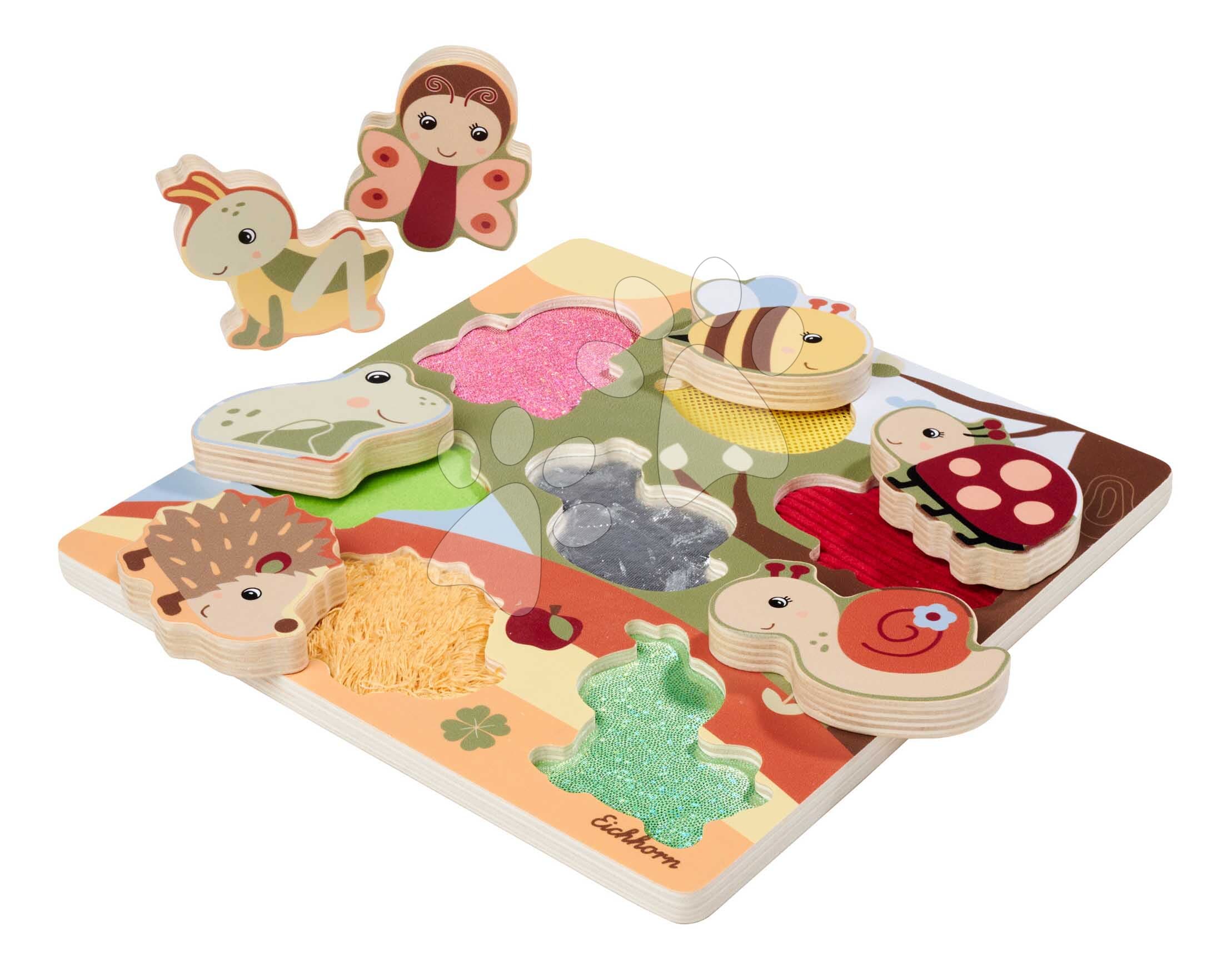 Drevené puzzle s textilnou štruktúrou Zvieratká Feel Puzzle with Fabric Eichhorn 7 vkladacích kociek so zvieratkami od 12 mes