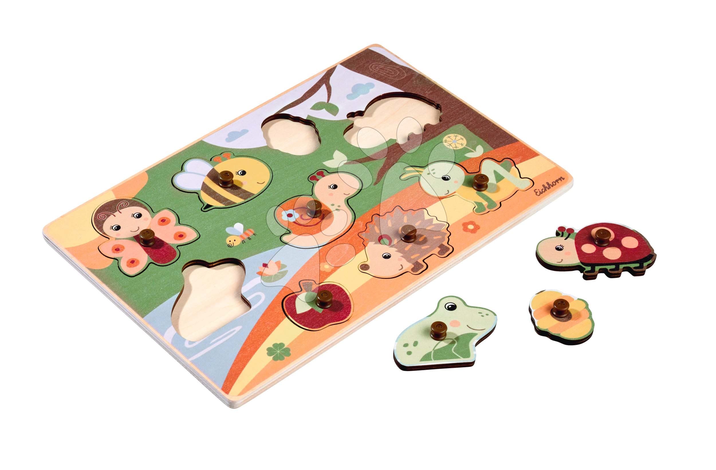 Drevené vkladacie puzzle zvieratká Pin Puzzle Eichhorn 2 rôzne druhy 10 dielov od 24 mes 1