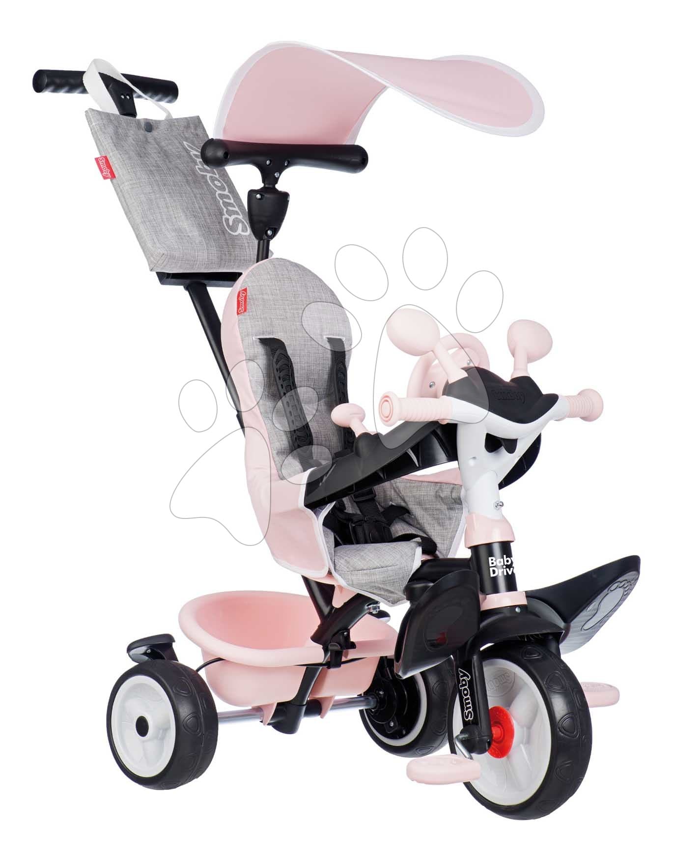 Trojkolka a kočík v jednom s brzdou Baby Driver Pink Tricycle Smoby s intuitívnym ovládaním a tichými EVA kolesami ružová od 10 mes