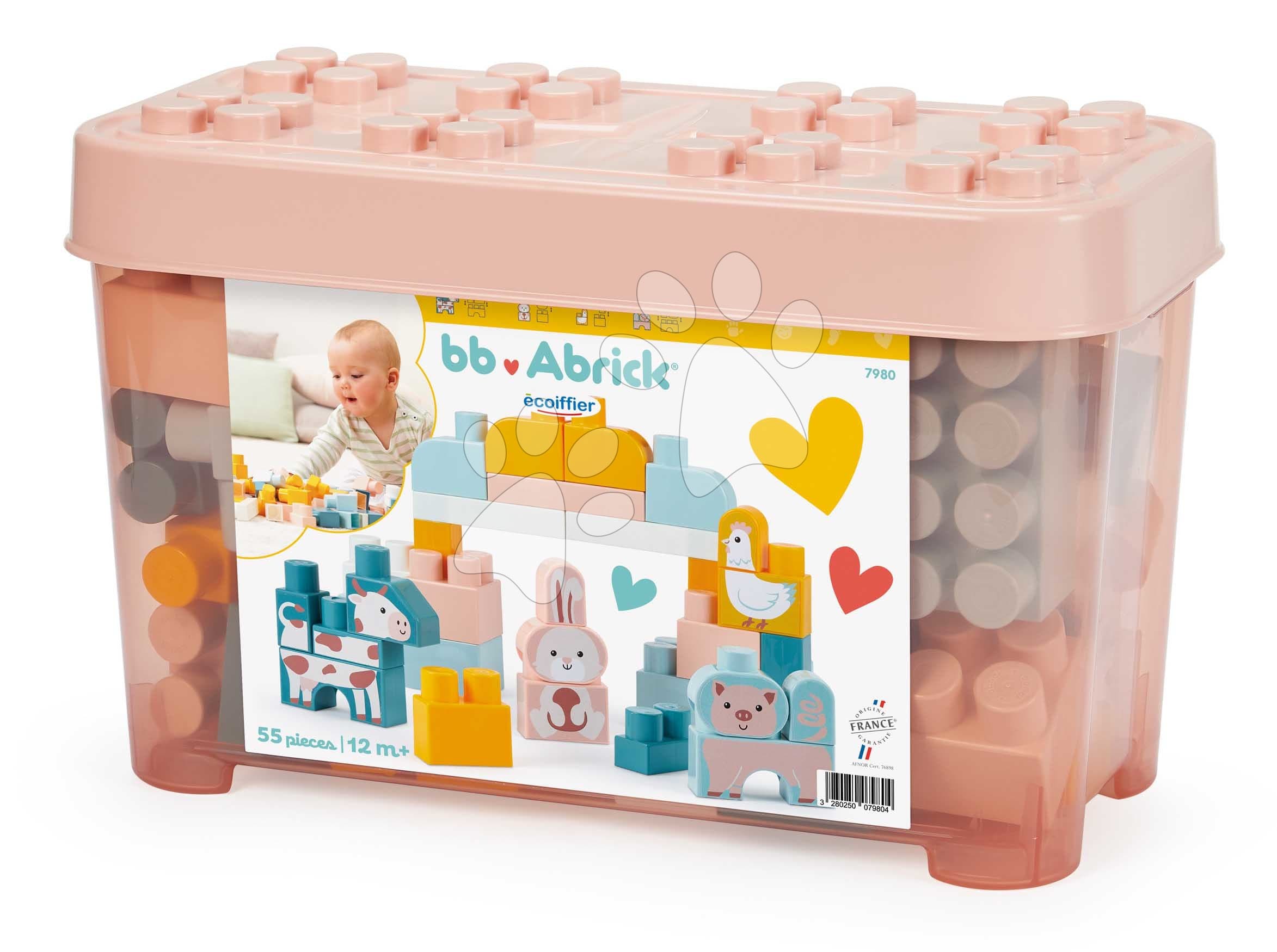 Stavebnica so zvieratkami BB Abrick Écoiffier 55 kociek v ružovej dóze od 12 mes