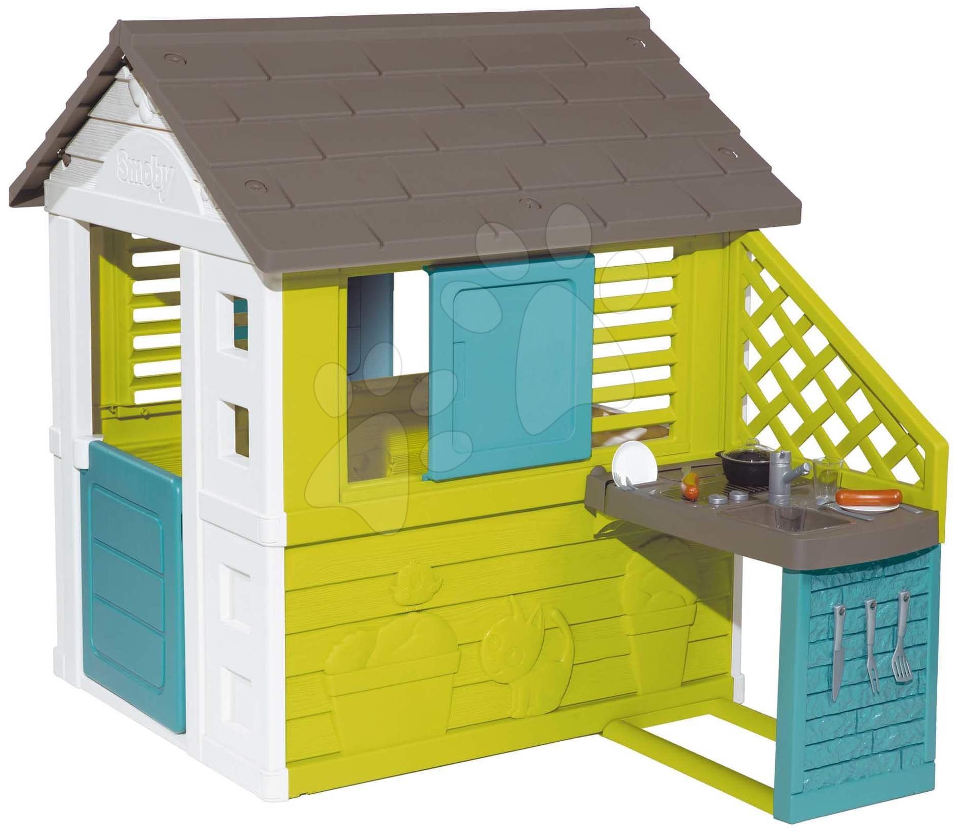 Domček s kuchynkou Pretty New Grey Playhouse&Kitchen Smoby a 2 okná s posuvnými okenicami a polovičné dvere UV filter od 2 rokov 1