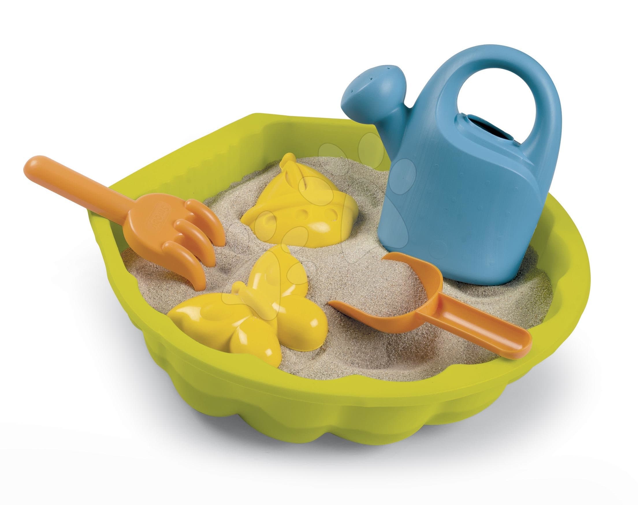 Pieskovisko mušľa s formičkami Mini Sand Pit Smoby s krhličkou a lopatka s hrabličkami 35 cm pre malé priestory od 18 mes 1