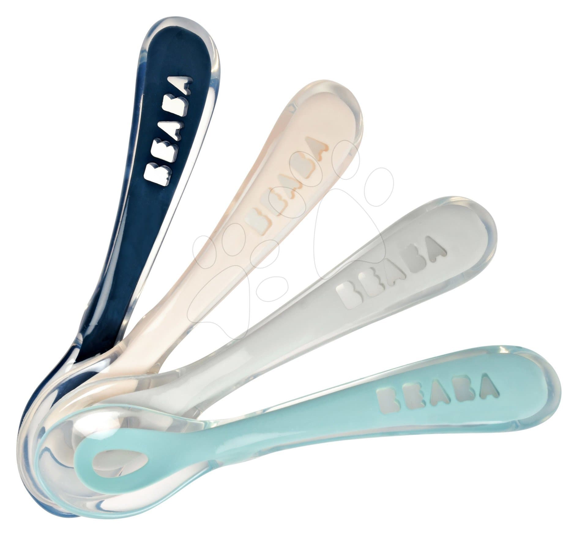 Sada 4 tréningových lyžičiek 2nd age Beaba Training Spoon 13 cm z mäkkého silikónu na samostatné jedenie modrá ružová šedá zelená od 4 mes 1
