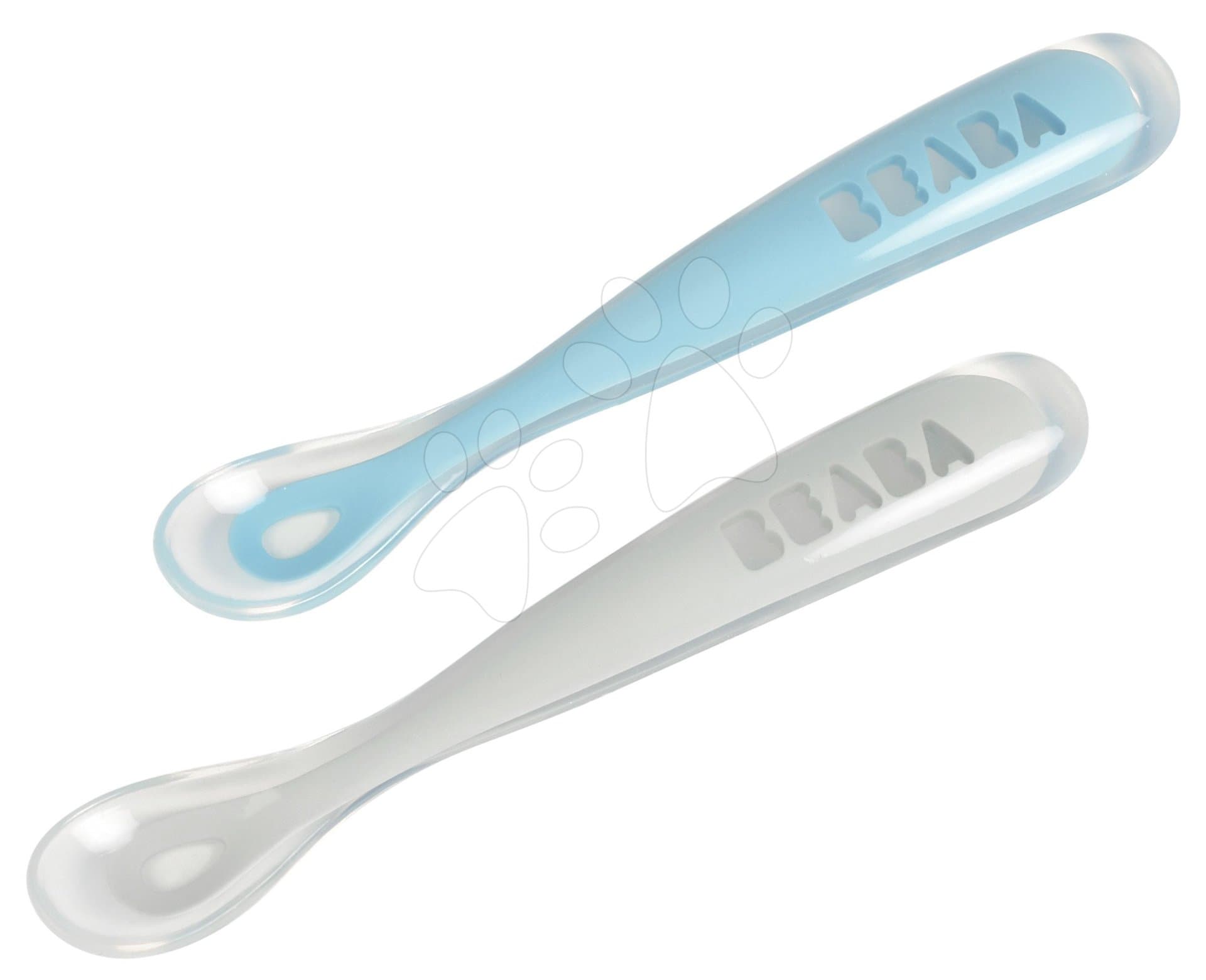 Sada 2 ergonomických lyžičiek Beaba 1st age Windy Blue Spoon 17 cm z mäkkého silikónu na samostatné jedenie modrá od 4 mes
