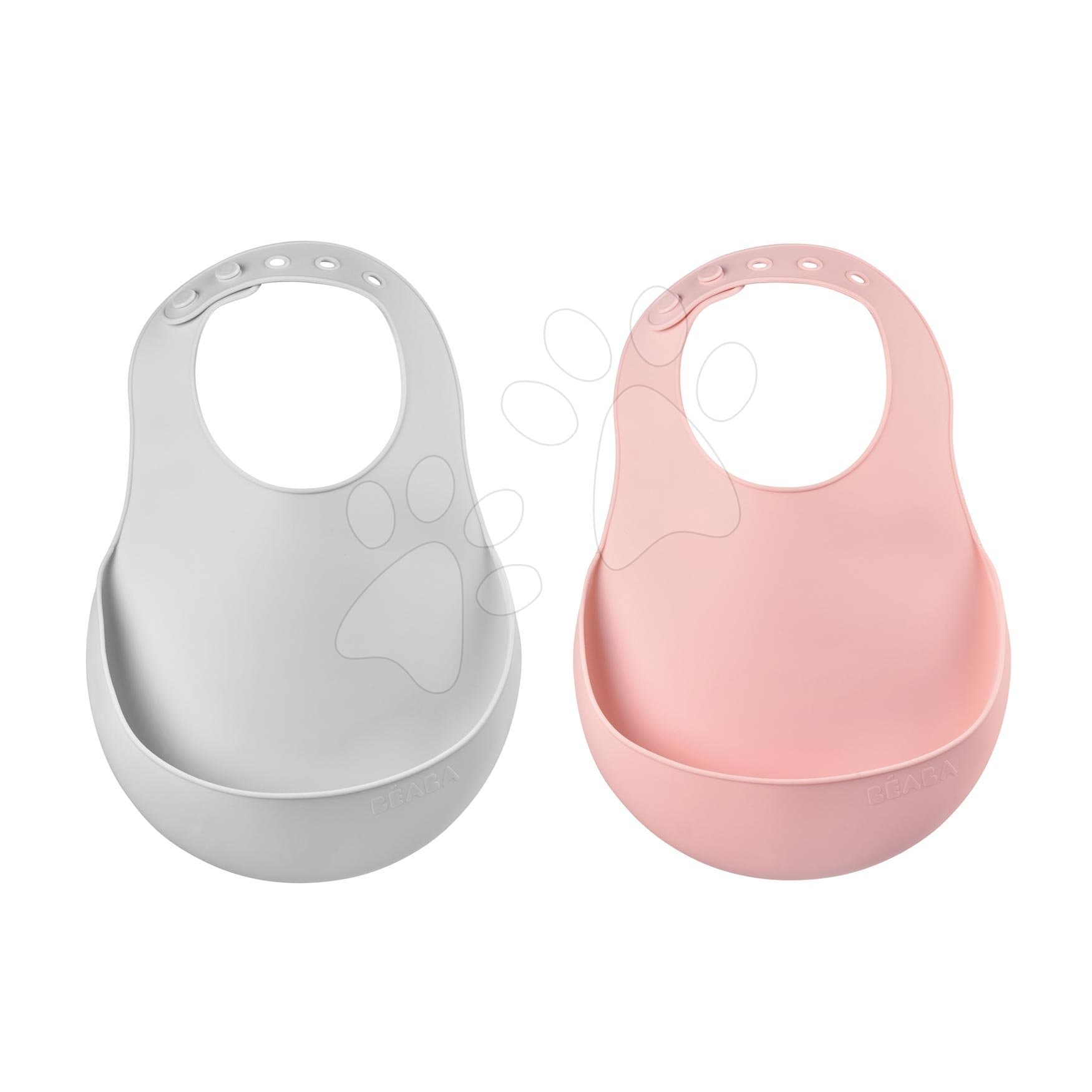 Podbradníky pre deti Silicone Bib Beaba Light Mist & Old Pink Beaba 2 kusy z mäkkého silikónu a gombíkmi od 0 mes