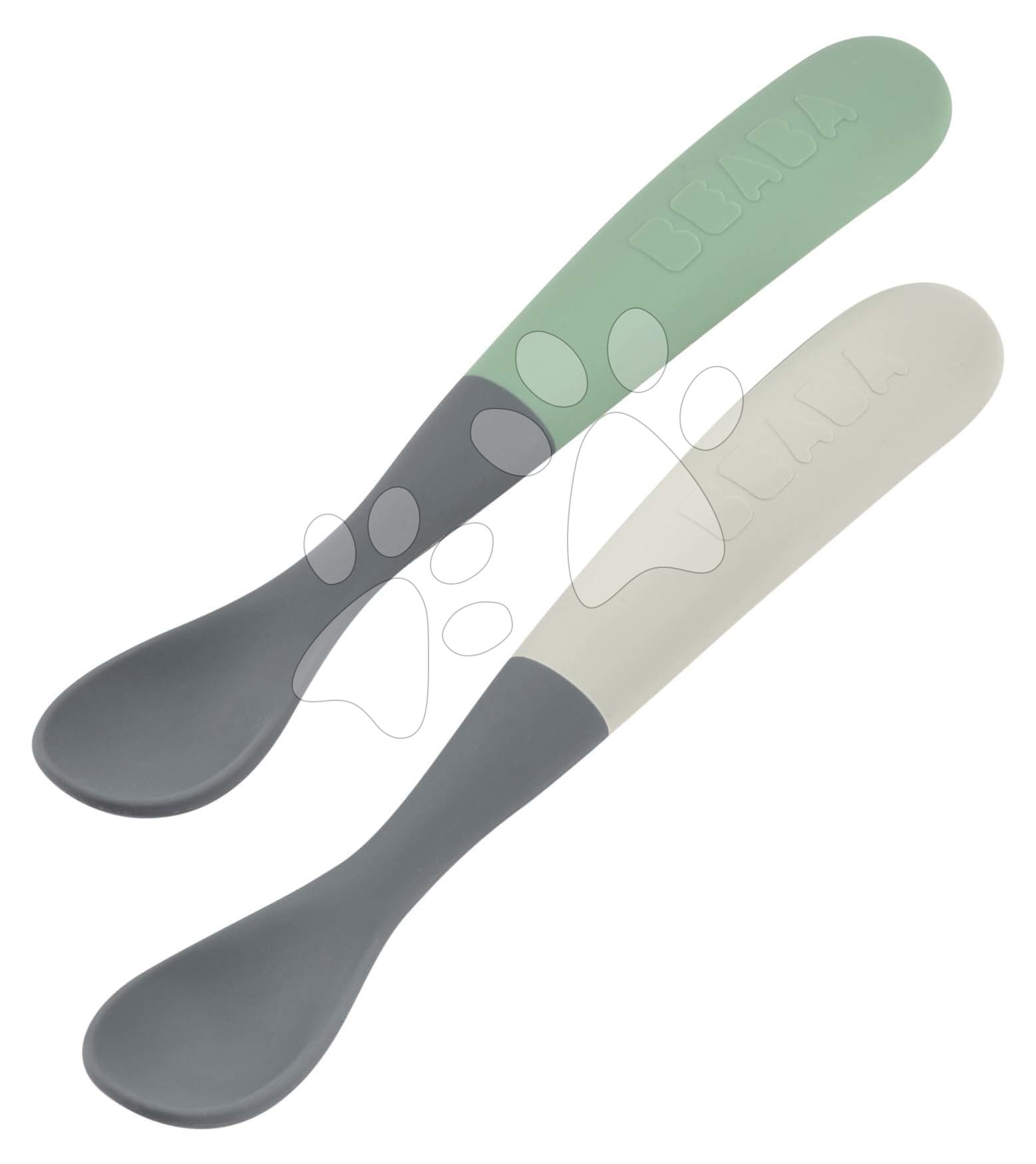 Ergonomické lyžičky 1st Age Silicone Spoons Beaba Mineral Grey Sage Green zo silikónu na samostatné jedenie v boxe 2 kusy od 4 mes 1