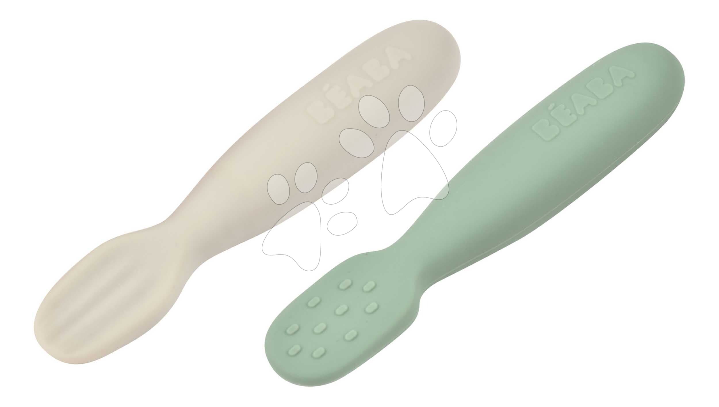 Ergonomické tréningové lyžičky Silicone Pre-Spoons Sage Green Velvet Grey Beaba zo silikónu na samostatné jedenie 2 kusy od 4 mes 1