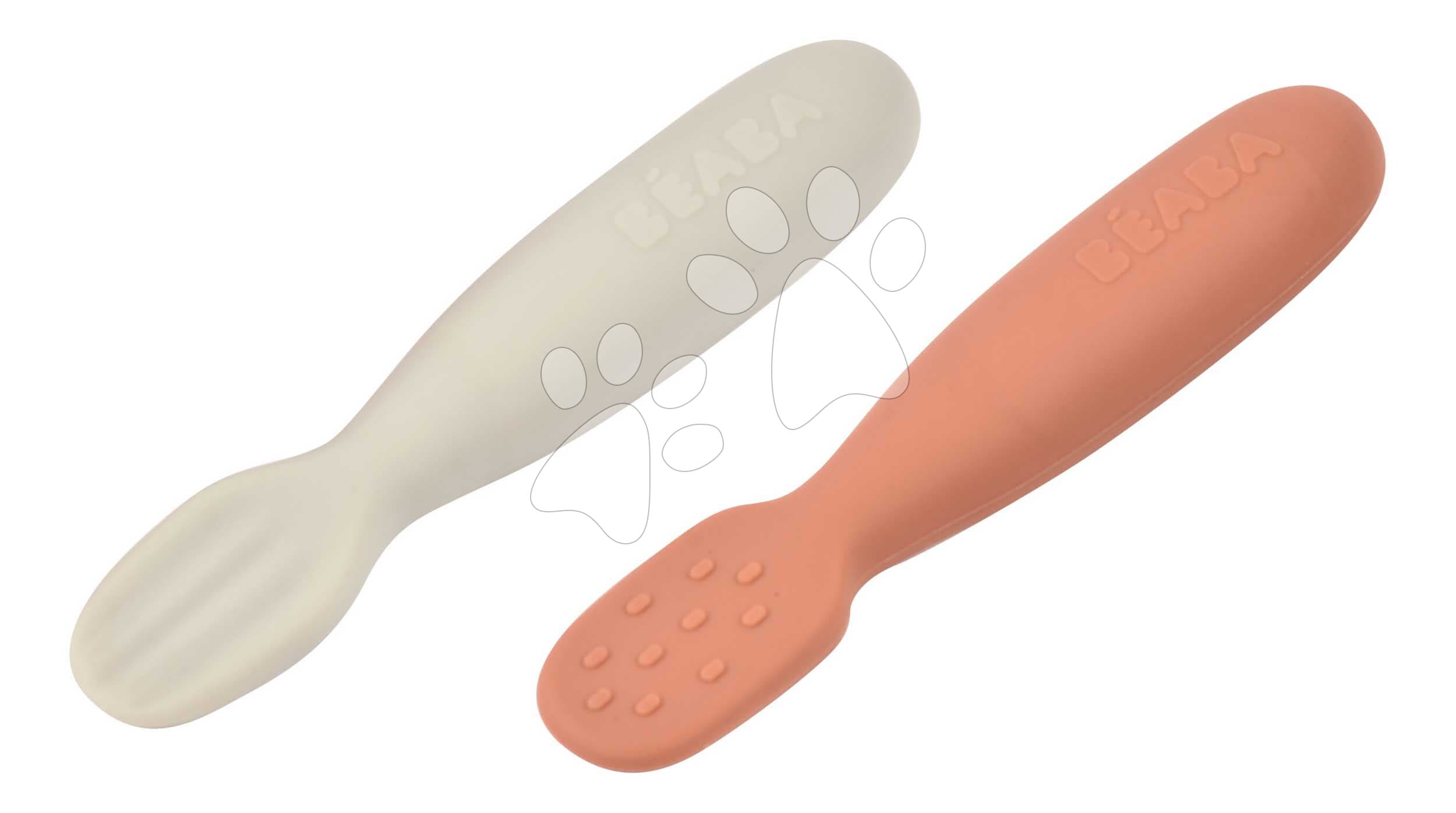 Ergonomické tréningové lyžičky Silicone Pre-Spoons Terracotta Velvet Grey Beaba zo silikónu na samostatné jedenie 2 kusy od 4 mes