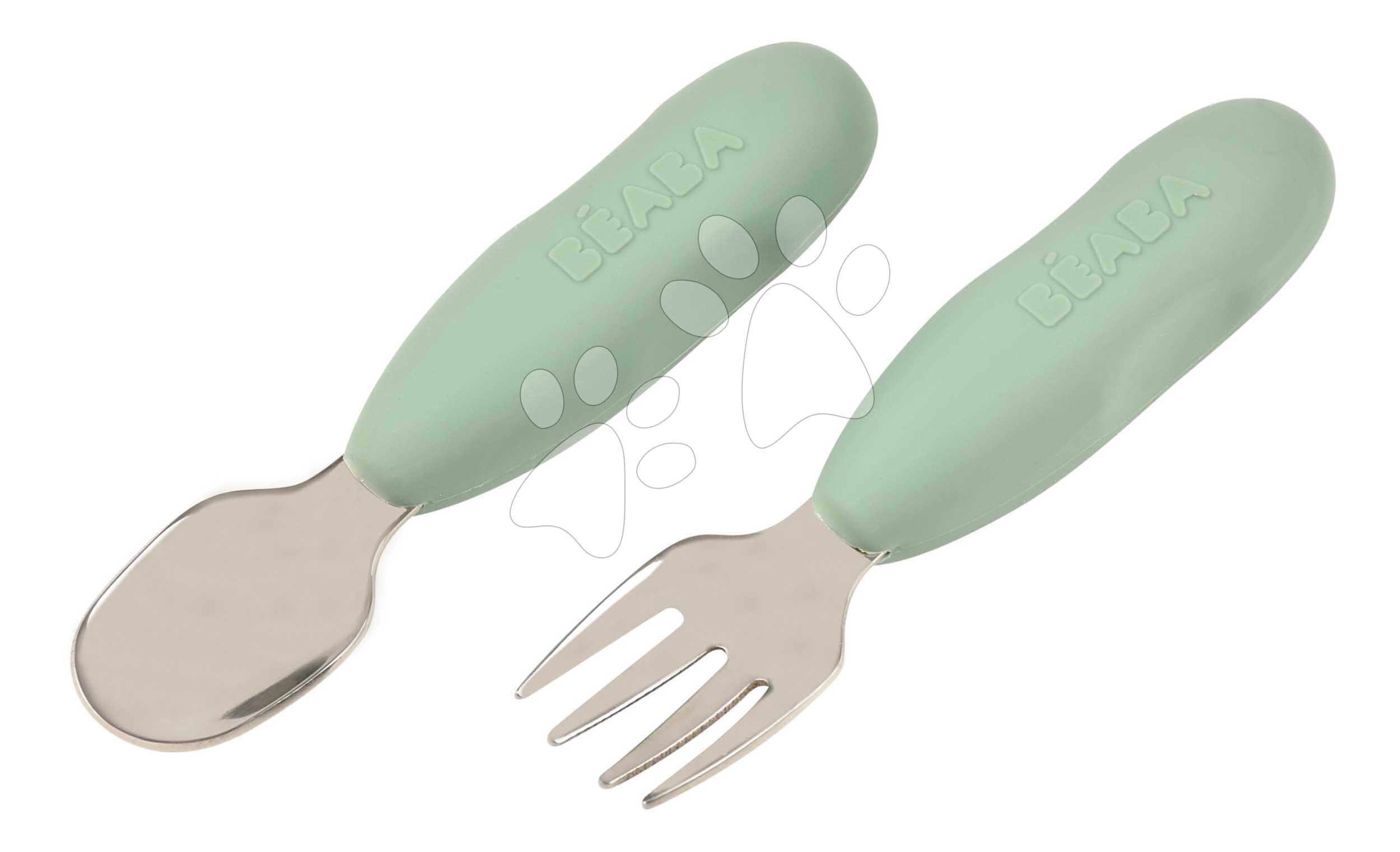 Prvý detský príbor Stainless Steel Pre-Cutlery Sage Green Beaba vidlička a lyžička zelený od 10 mes