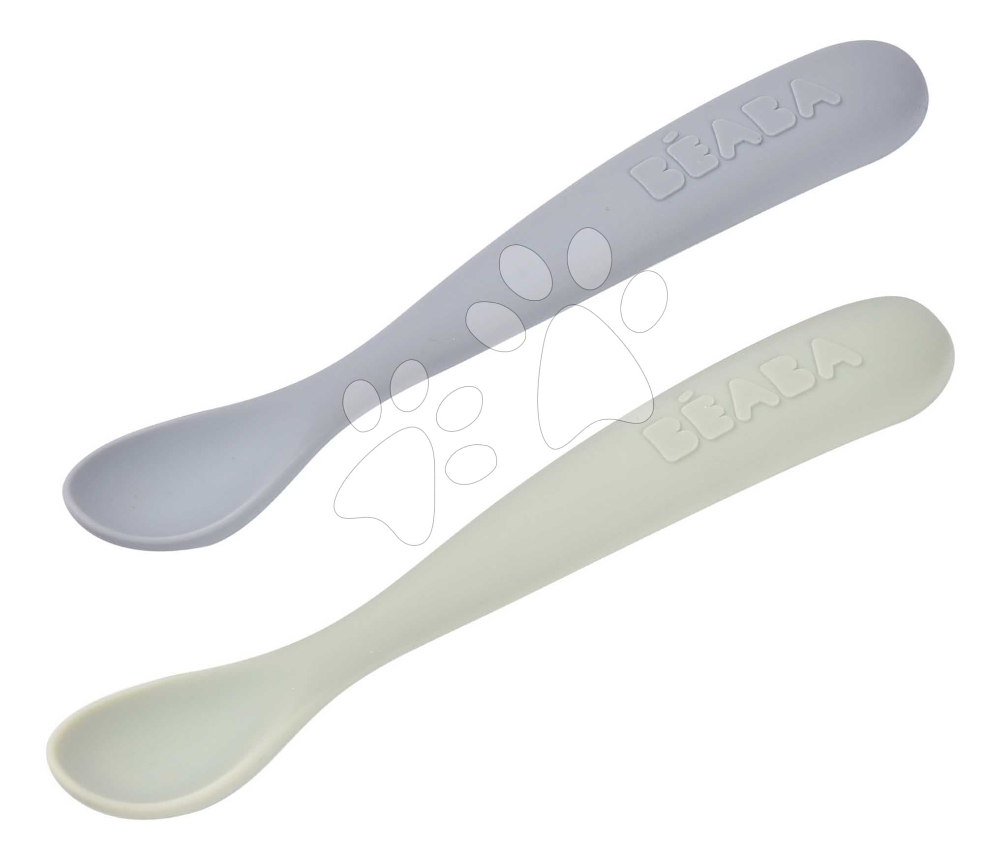 Prvé tréningové lyžičky First Age Silicone Spoons Nature Duo Beaba zo silikónu na samostatné jedenie v praktickom obale 2 kusy zeleno-modré od 4 mes