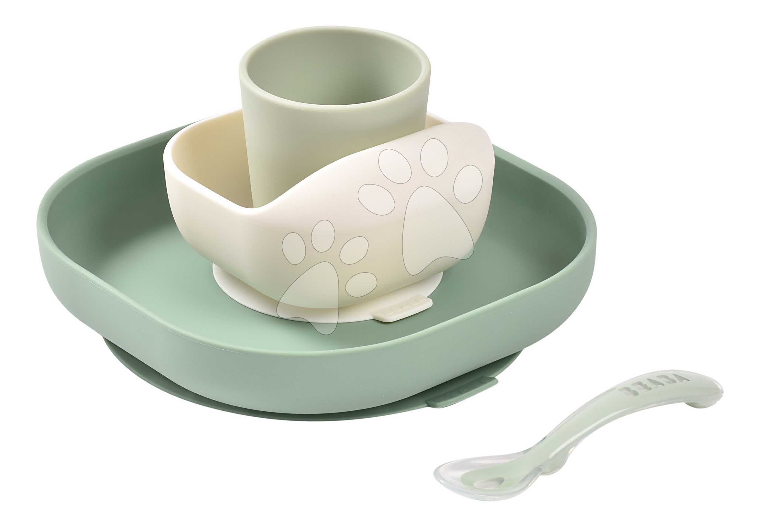 Jedálenská súprava Silicone Meal Set Sage Green Misty Green Beaba zo silikónu 4 dielna zeleno-béžová od 4 mes 1