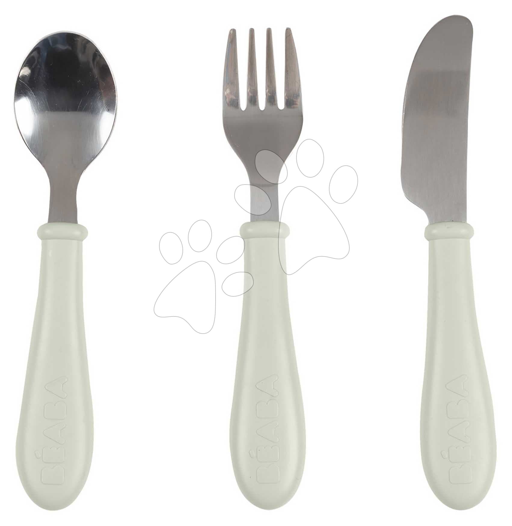 Detský príbor Stainless Steel Cutlery Set Misty Green Beaba z nehrdzavejúcej ocele lyžička vidlička a nôž zelený od 8 mes 1
