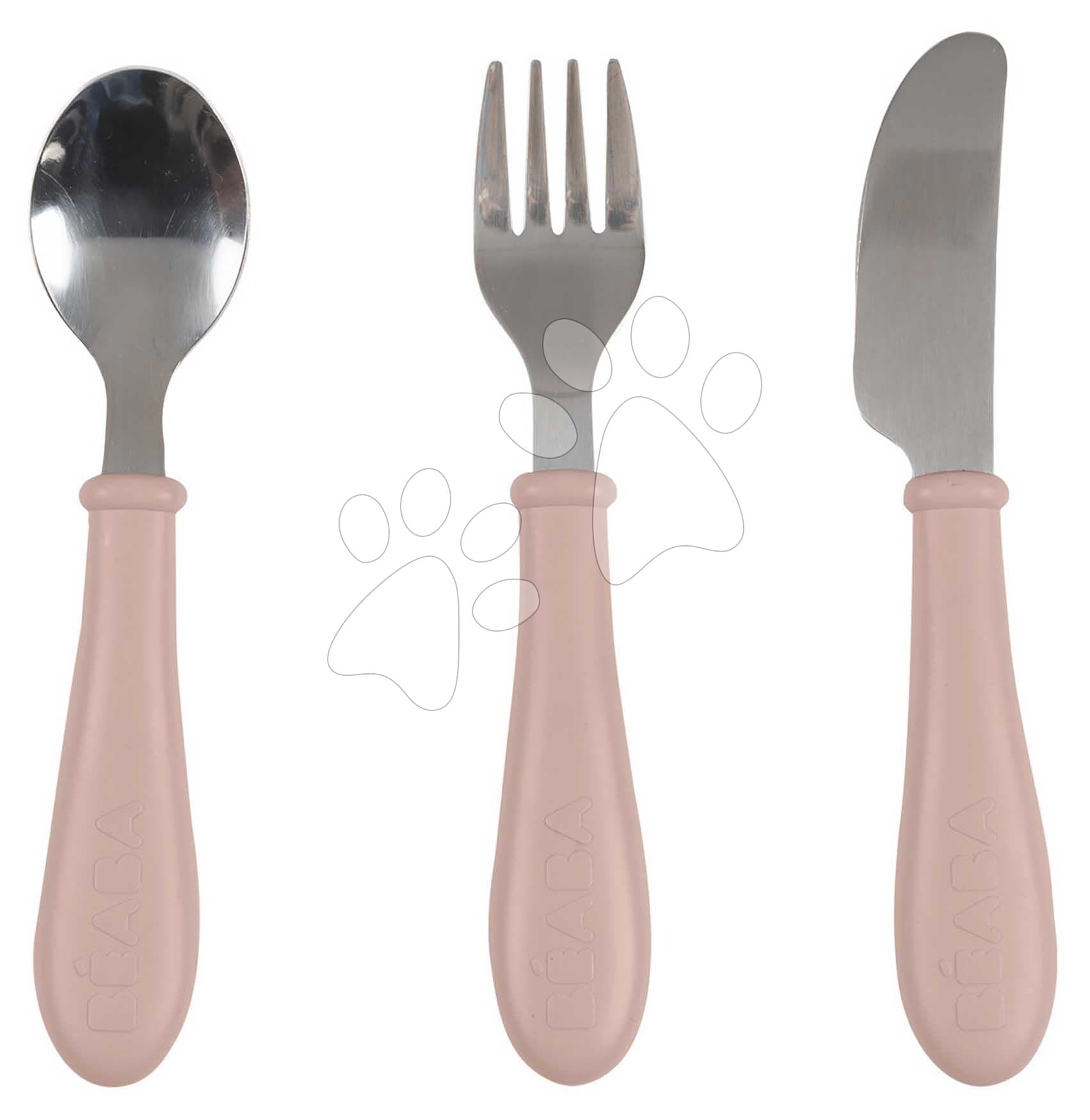 Detský príbor Stainless Steel Cutlery Set Cotton Candy Beaba z nehrdzavejúcej ocele lyžička vidlička a nôž ružový od 8 mes 1