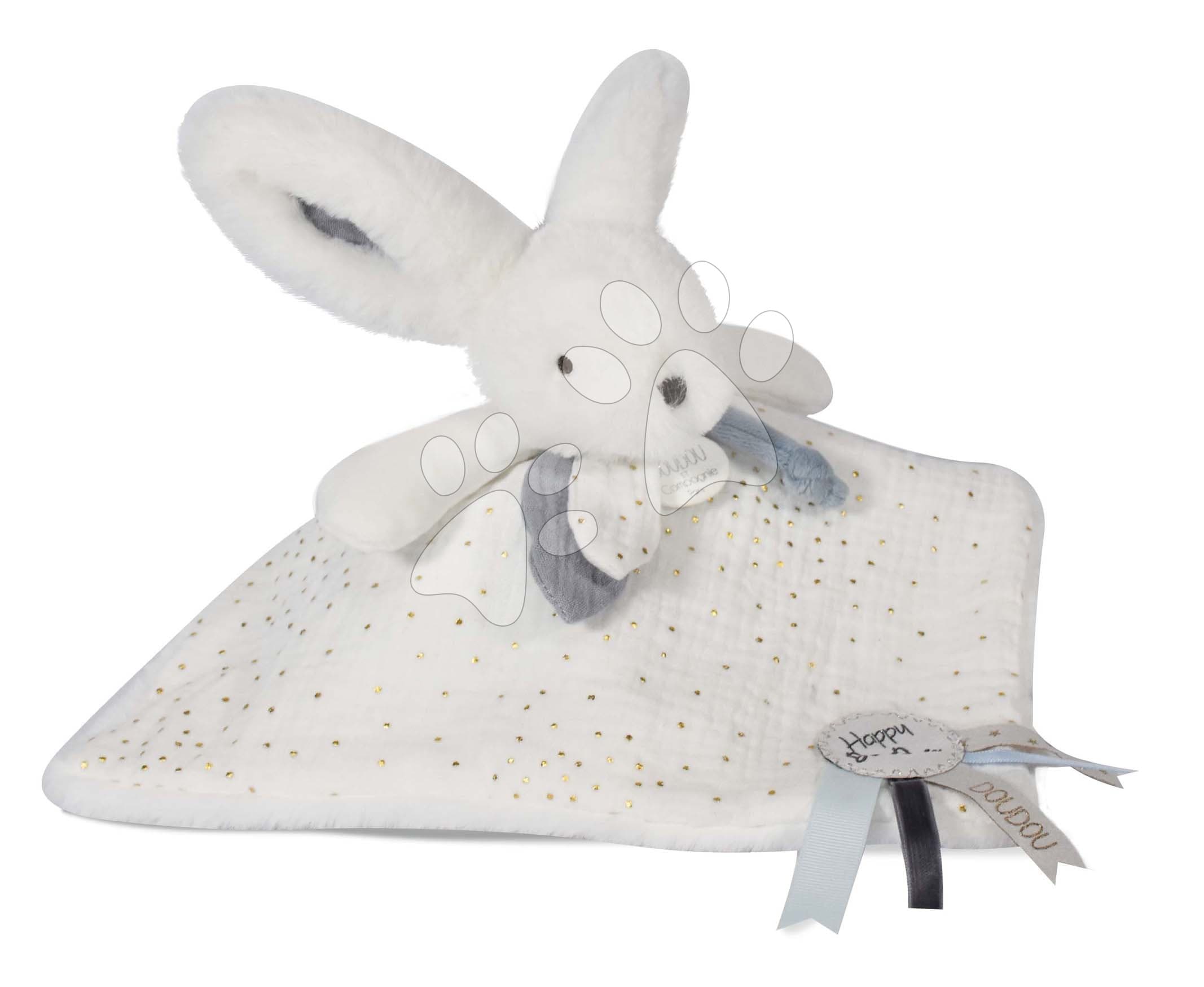 Plyšový zajačik na maznanie Bunny Happy Glossy Doudou et Compagnie biely 25 cm v darčekovom balení od 0 mes 1