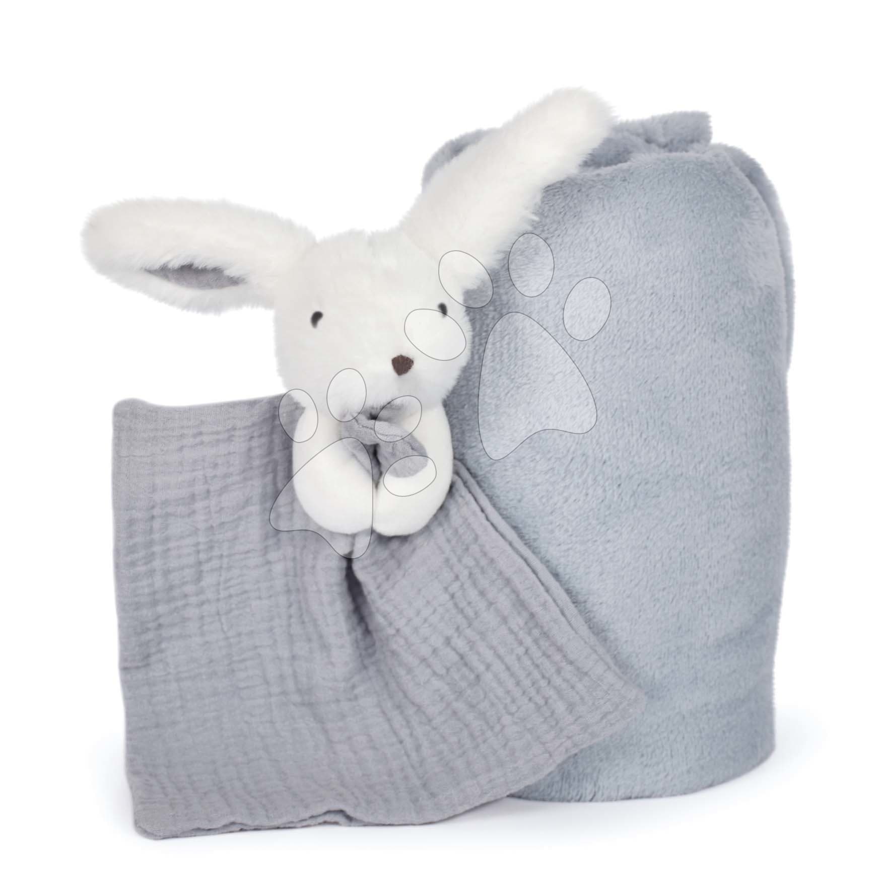Deka pre najmenších Bunny Happy Glossy Doudou et Compagnie s plyšovým zajačikom na maznanie modrá 100*70 cm od 0 mes 1