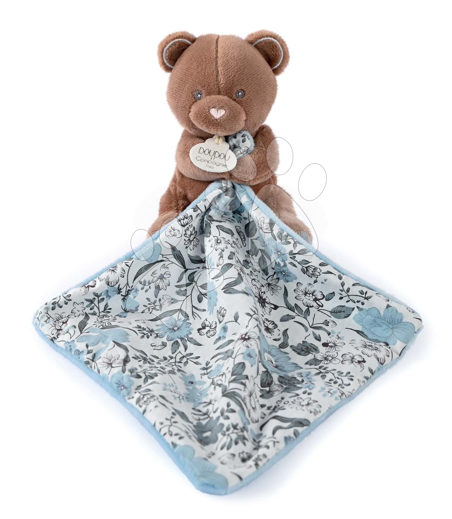 Plyšový medvedík na maznanie Bear Boh'aime Doudou et Compagnie hnedo-modrý 12 cm v darčekovom balení od 0 mes