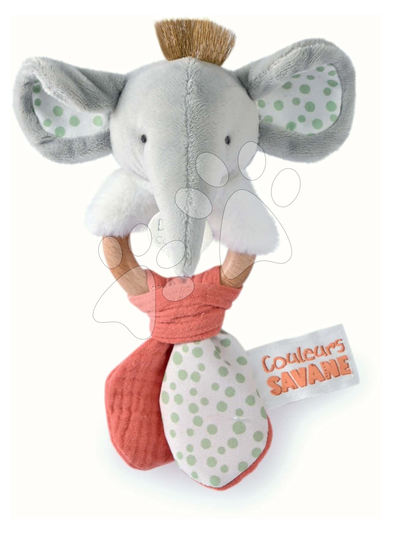 Plyšový sloník s hrkálkou Couleurs Savane Doudou et Compagnie sivo-ružový 15 cm od 0 mes