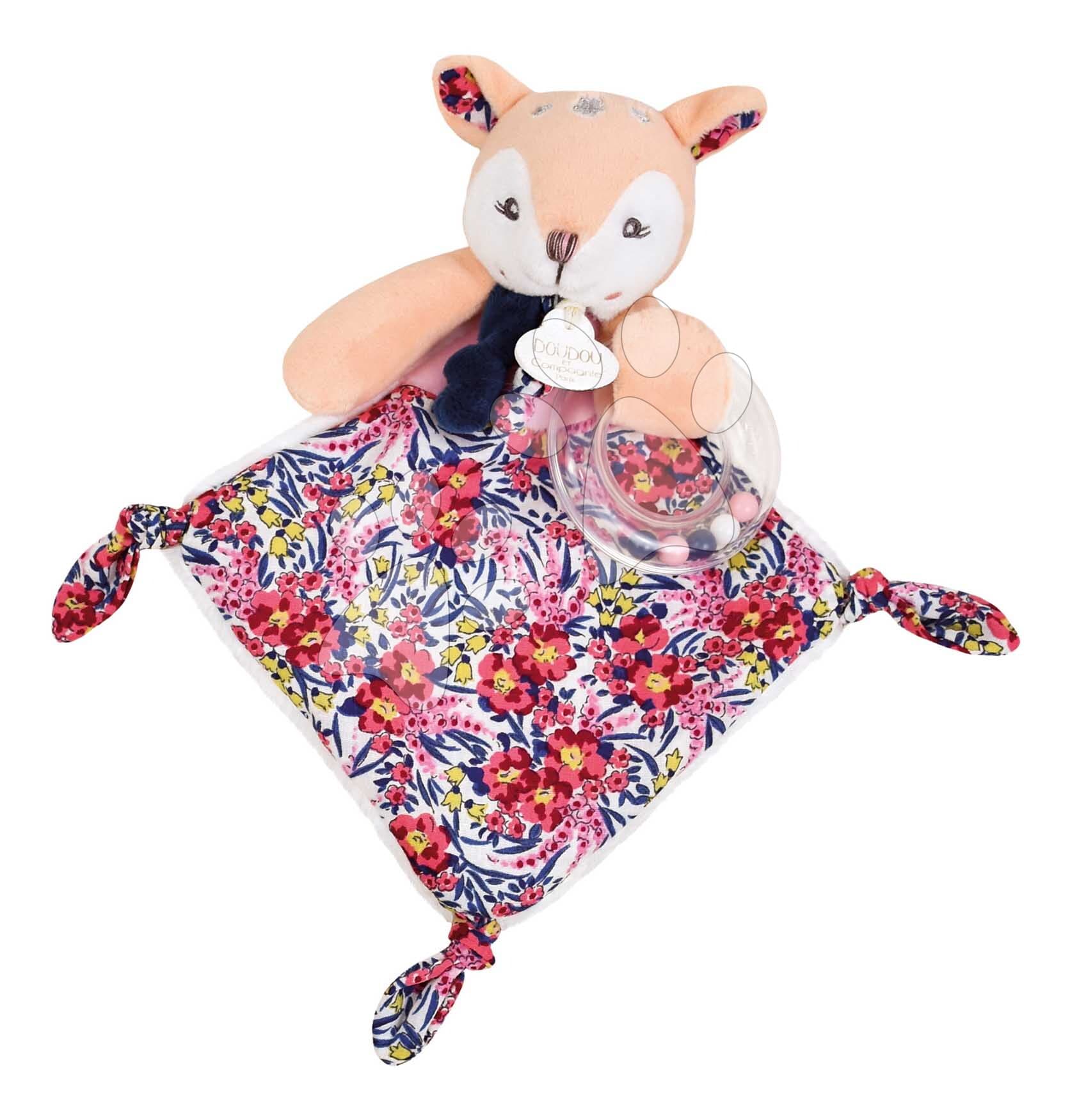 Plyšový jelenček s hrkálkou Rattle Deer Boh'aime Doudou et Compagnie v darčekovom balení ružový 22 cm od 0 mes 1