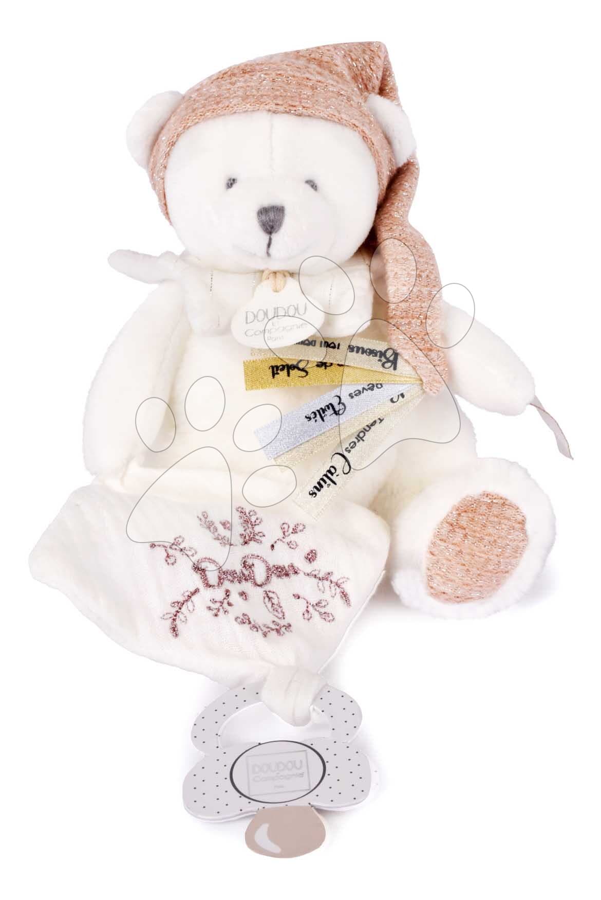 Plyšový medvedík s klipom na cumlík Doudou 25 Years Dummy Holder Pink Doudou et Compagnie narodeninová edícia ružový 20 cm od 0 mes 1