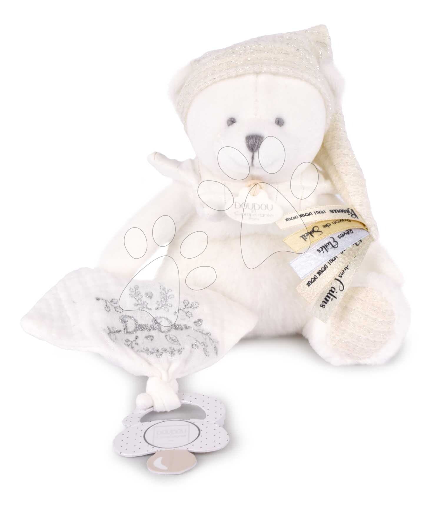 Plyšový medvedík s klipom na cumlík Doudou 25 Years Dummy Holder White Doudou et Compagnie narodeninová edícia biely 20 cm od 0 mes