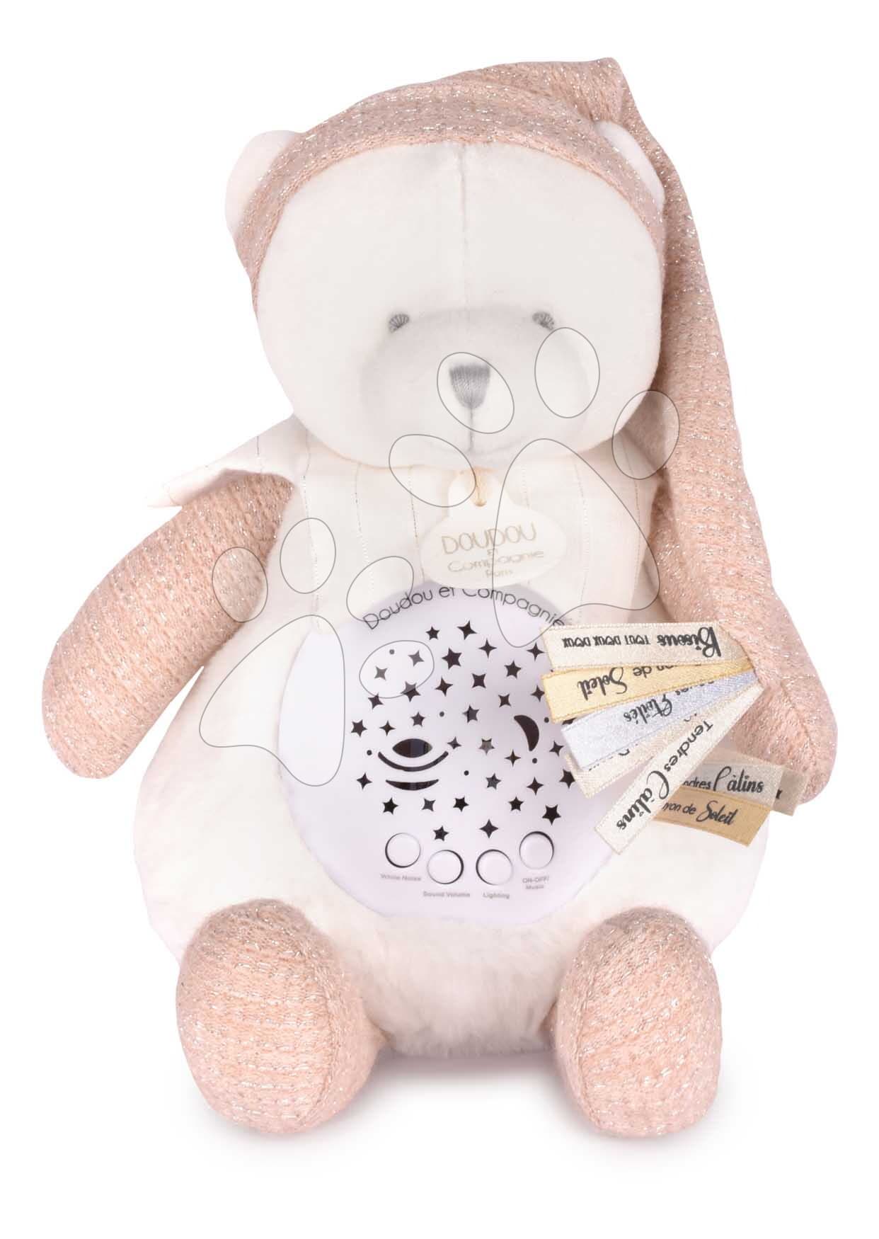 Plyšový medvedík Doudou 25 Years Musical Night Light Star Projector Pink Doudou et Compagnie so svetlom hudbou a bielym šumom ružový 19 cm od 0 mes