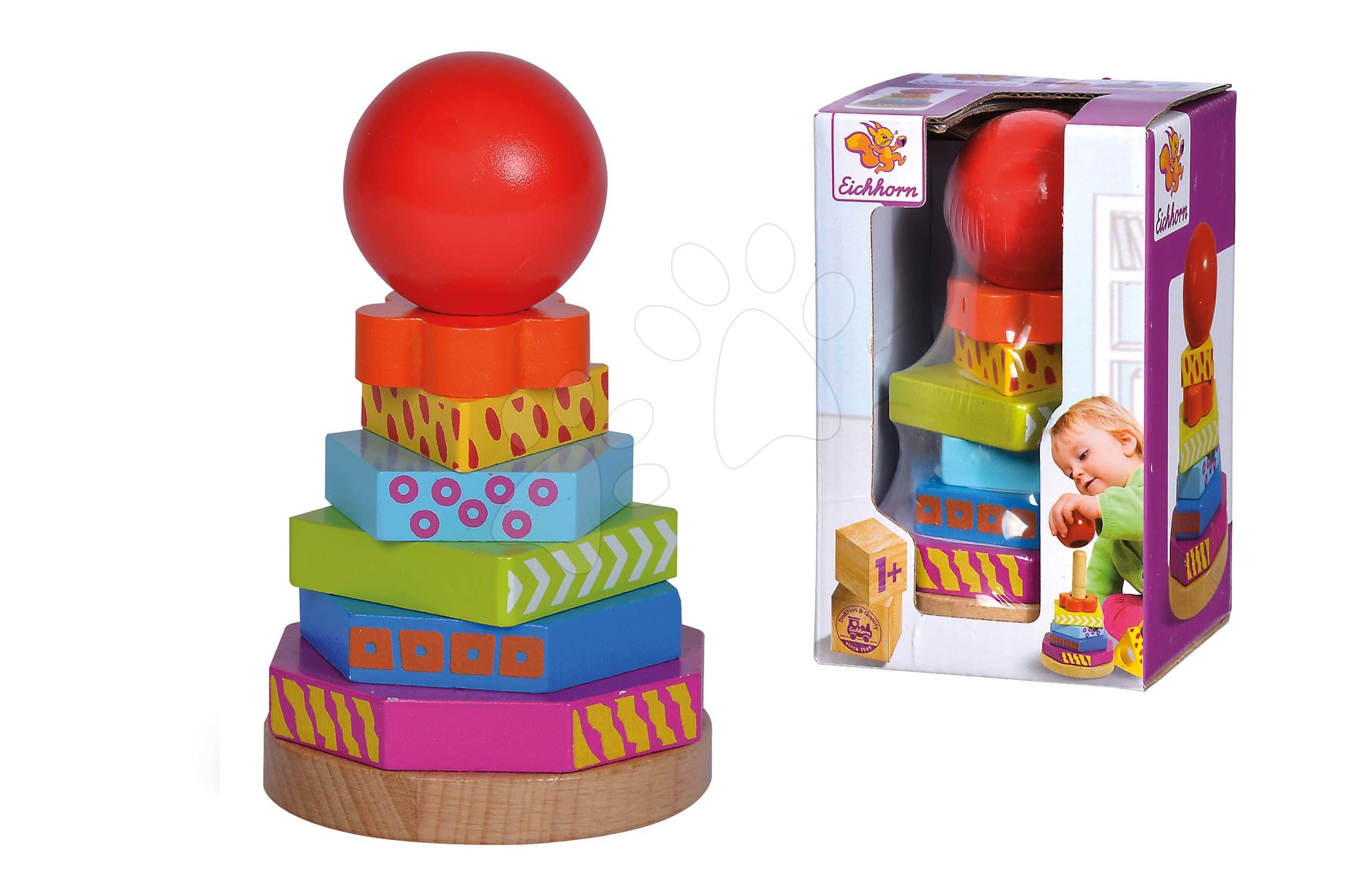 Drevená skladacia veža Color Stacking Tower Eichhorn 6 farebných tvarov s loptou výška 12 cm od 12 mes 1