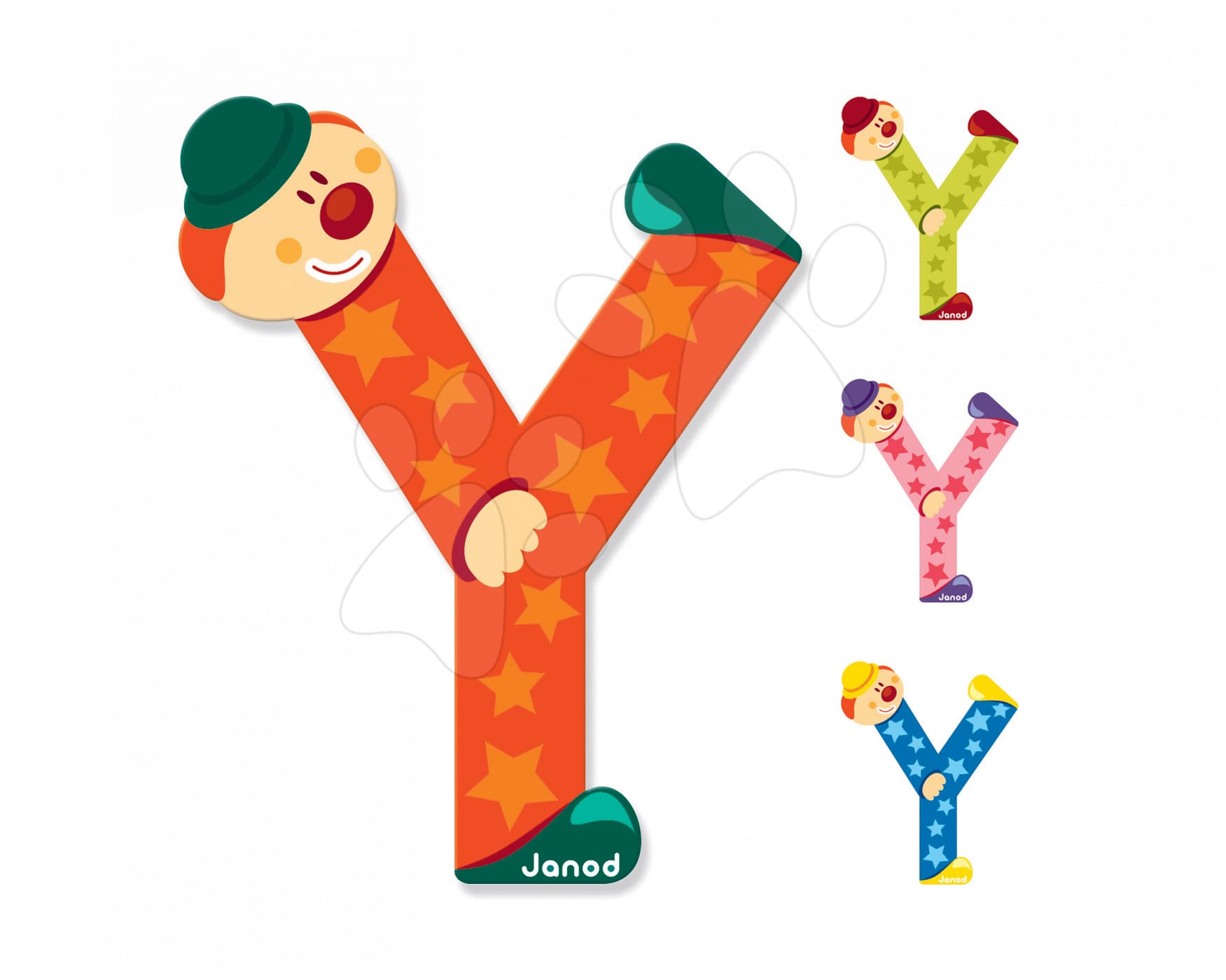 Janod drevené písmeno Clown Letter Y 04566 oranžové zelené ružové modré 1