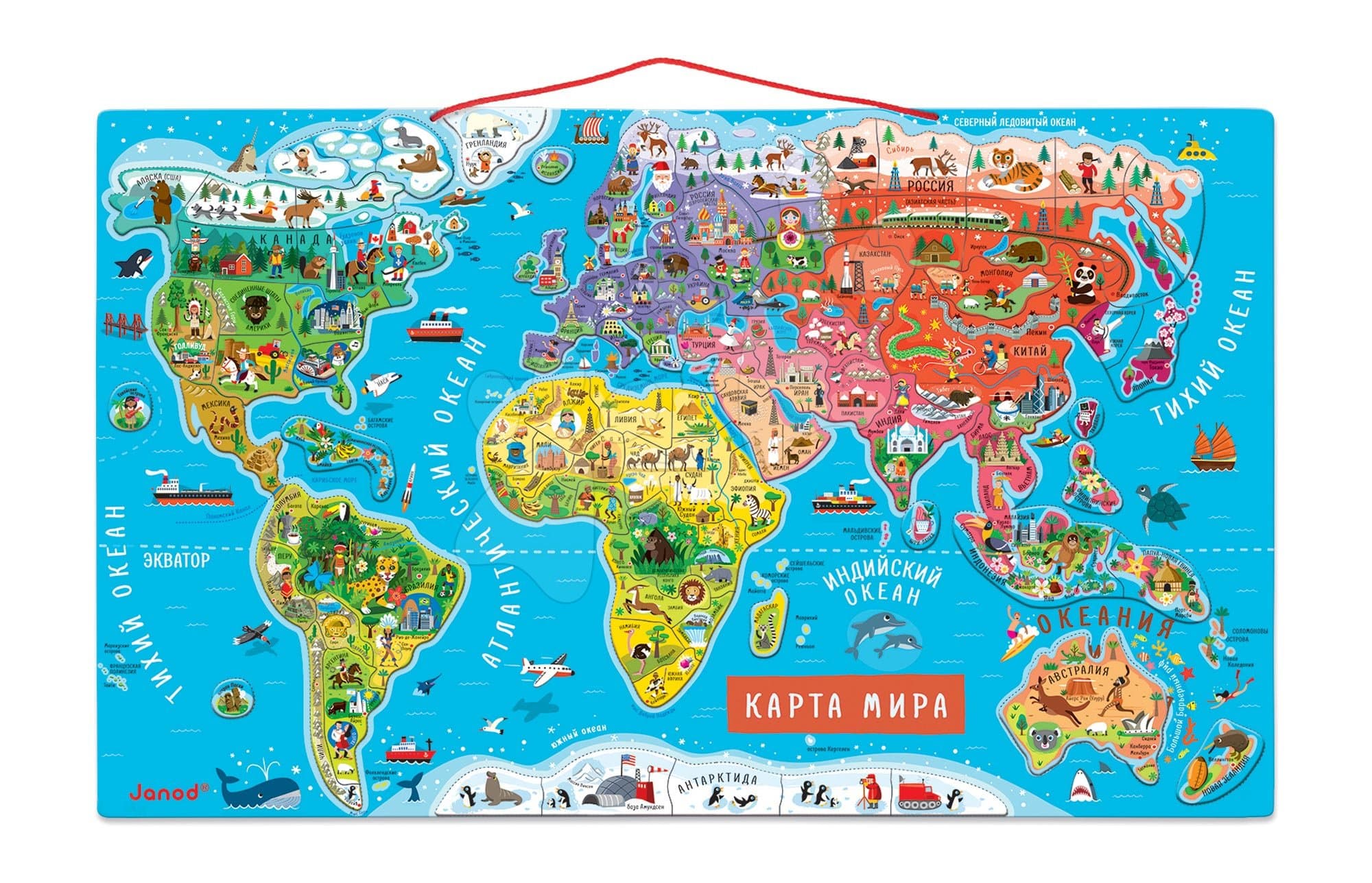 Magnetická mapa sveta Magnetic World Map ruská verzia Janod 92 magnetov od 5 rokov 1