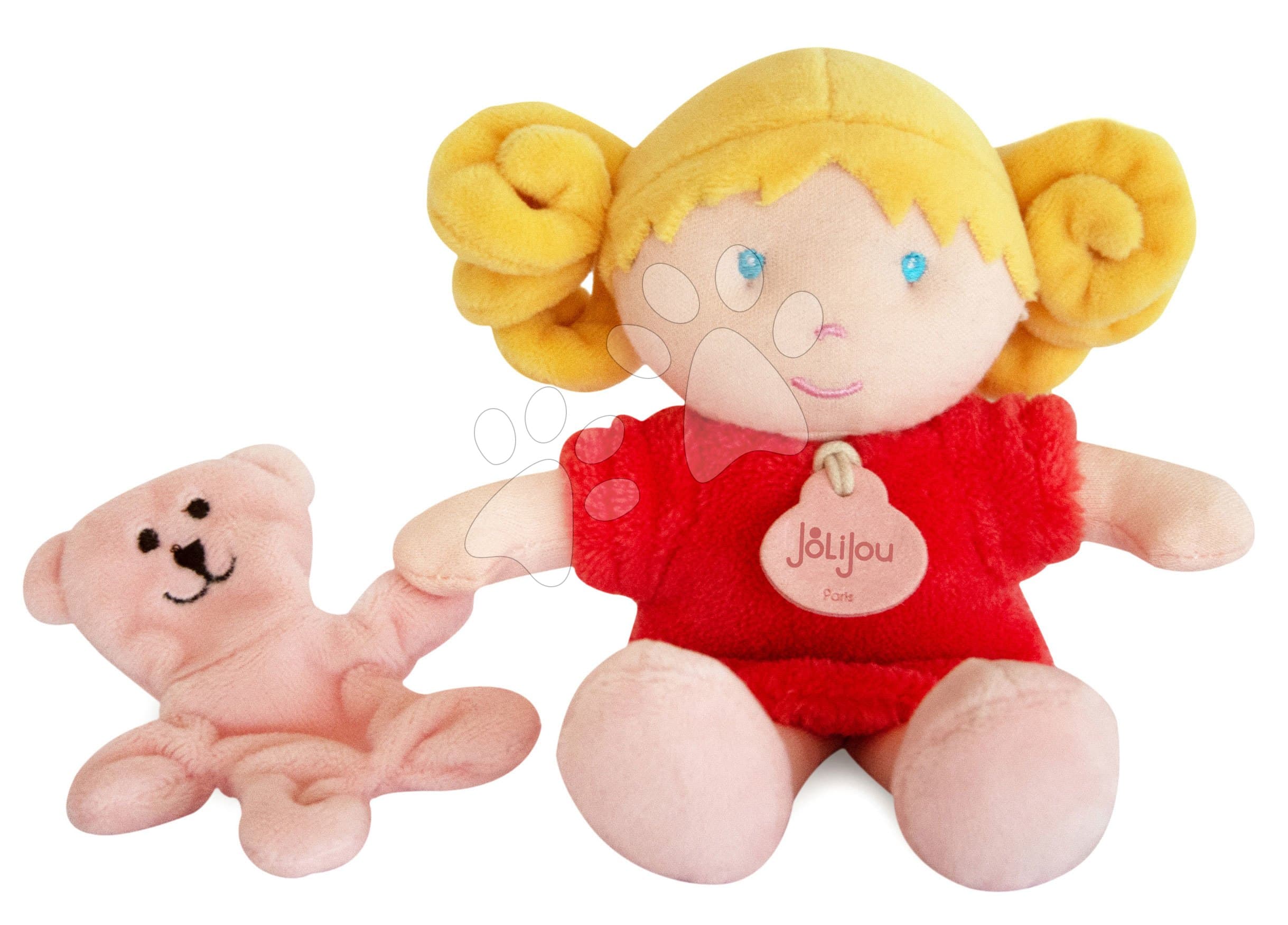 Bábika pre bábätká Mrs Corail My First Doll Jolijou 21 cm v červených šatách so psíkom z jemného textilu od 0 mes