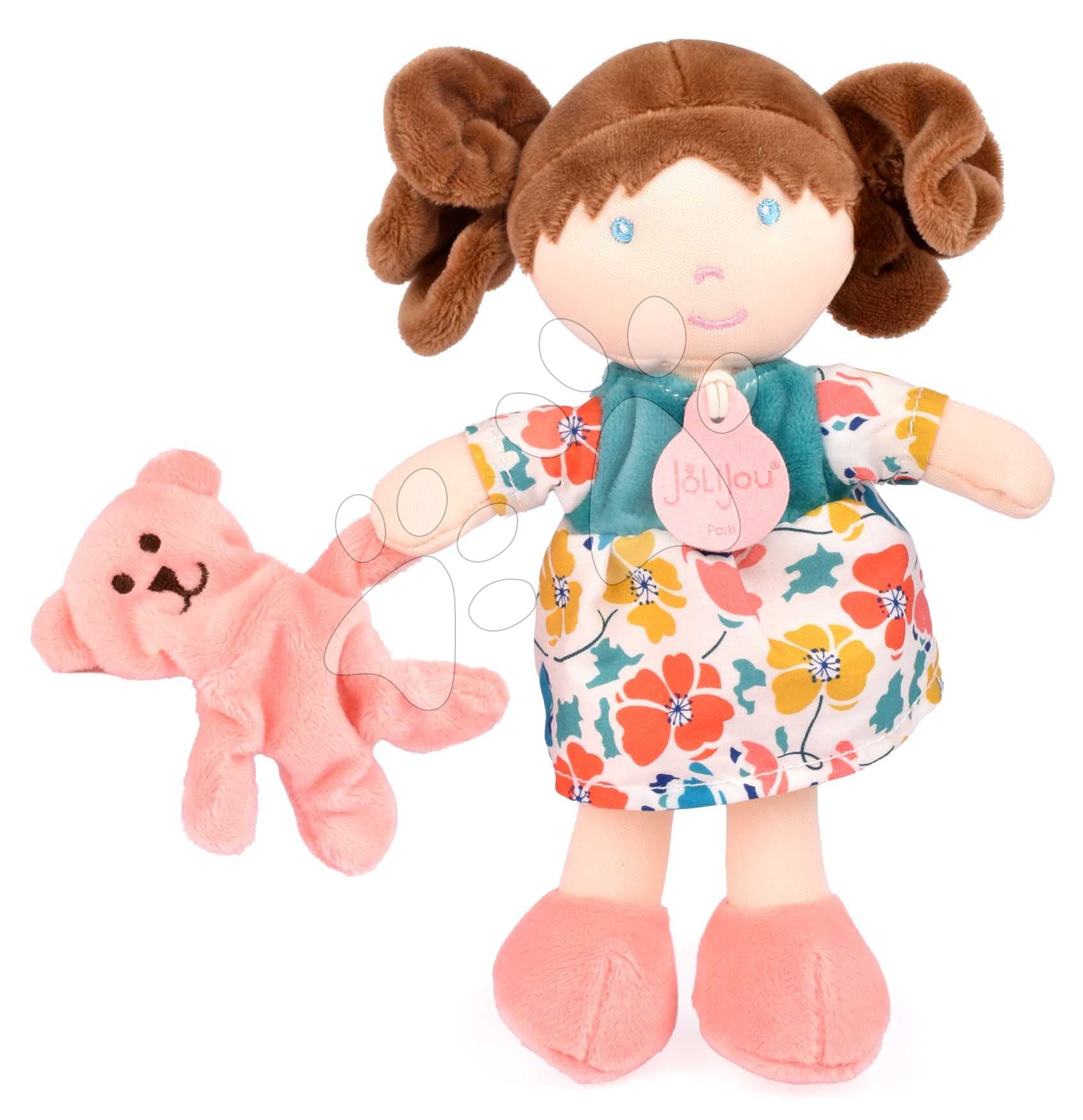 Bábika pre bábätká Mrs Petunia My First Doll Jolijou 21 cm vo vzorovaných šatách s medvedíkom z jemného textilu od 0 mes